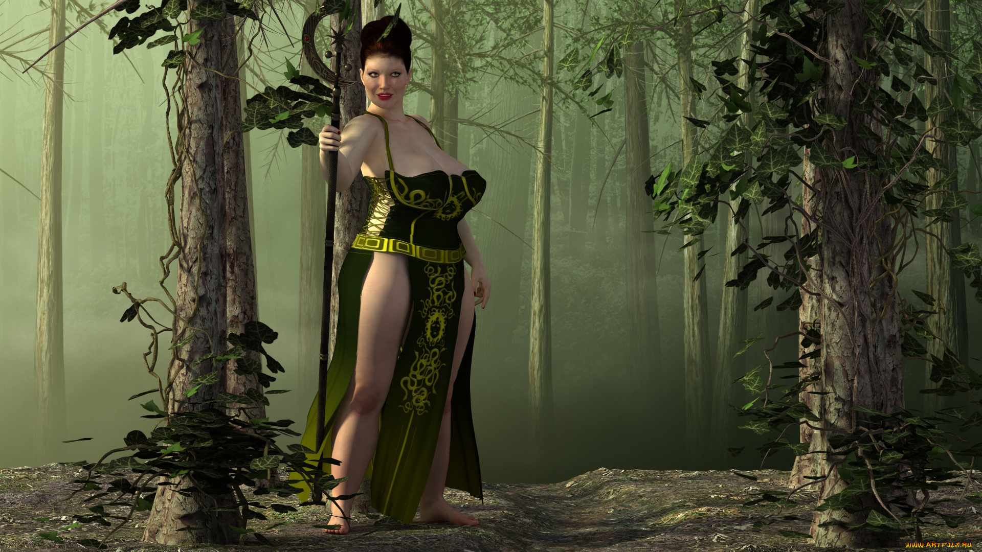3д, графика, люди, , people, лес, шест, фон, взгляд, девушка