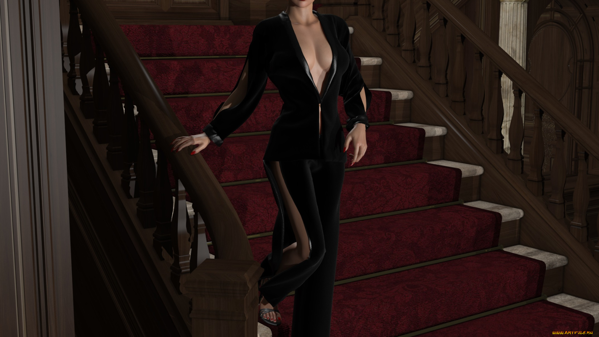 3д, графика, люди, , people, лестница, фон, взгляд, девушка, рыжая