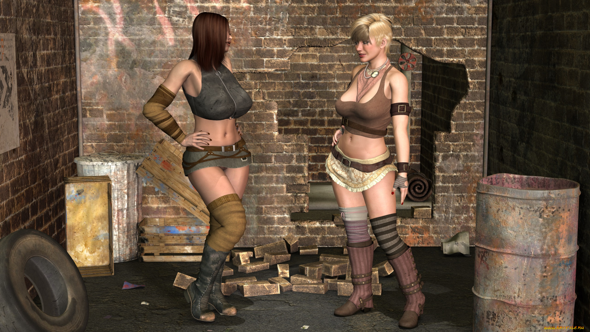 3д, графика, люди, , people, стена, фон, взгляд, девушки