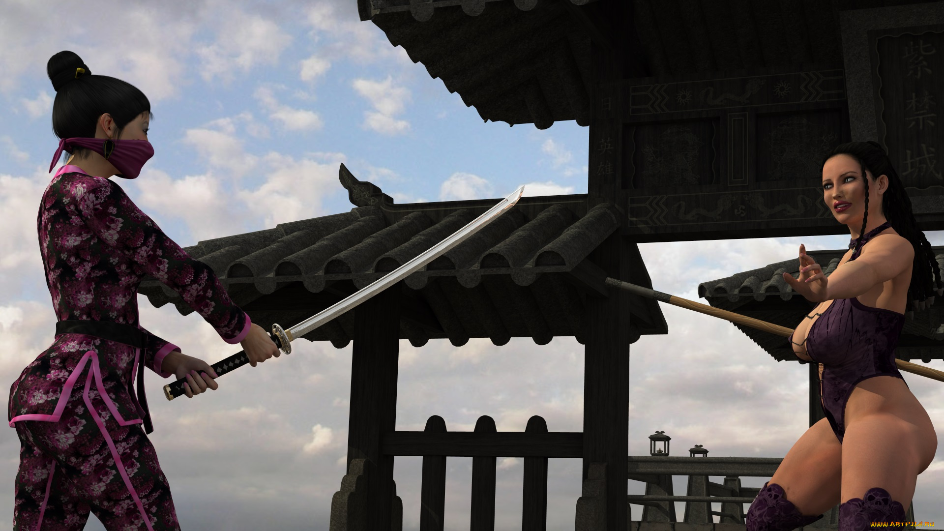 3д, графика, люди, , people, взгляд, девушки, оружие, фон