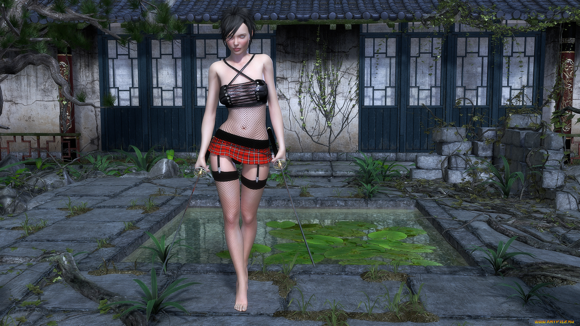 3д, графика, люди, , people, взгляд, девушка, шпаги, фон