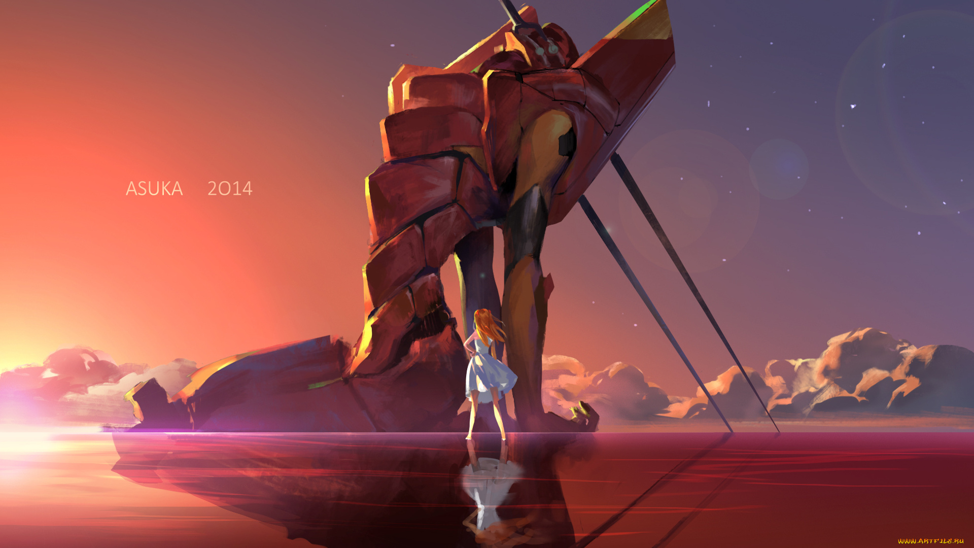 аниме, evangelion, облака, платье, небо, робот, закат, девушка, soryu, asuka, langley, kzcjimmy