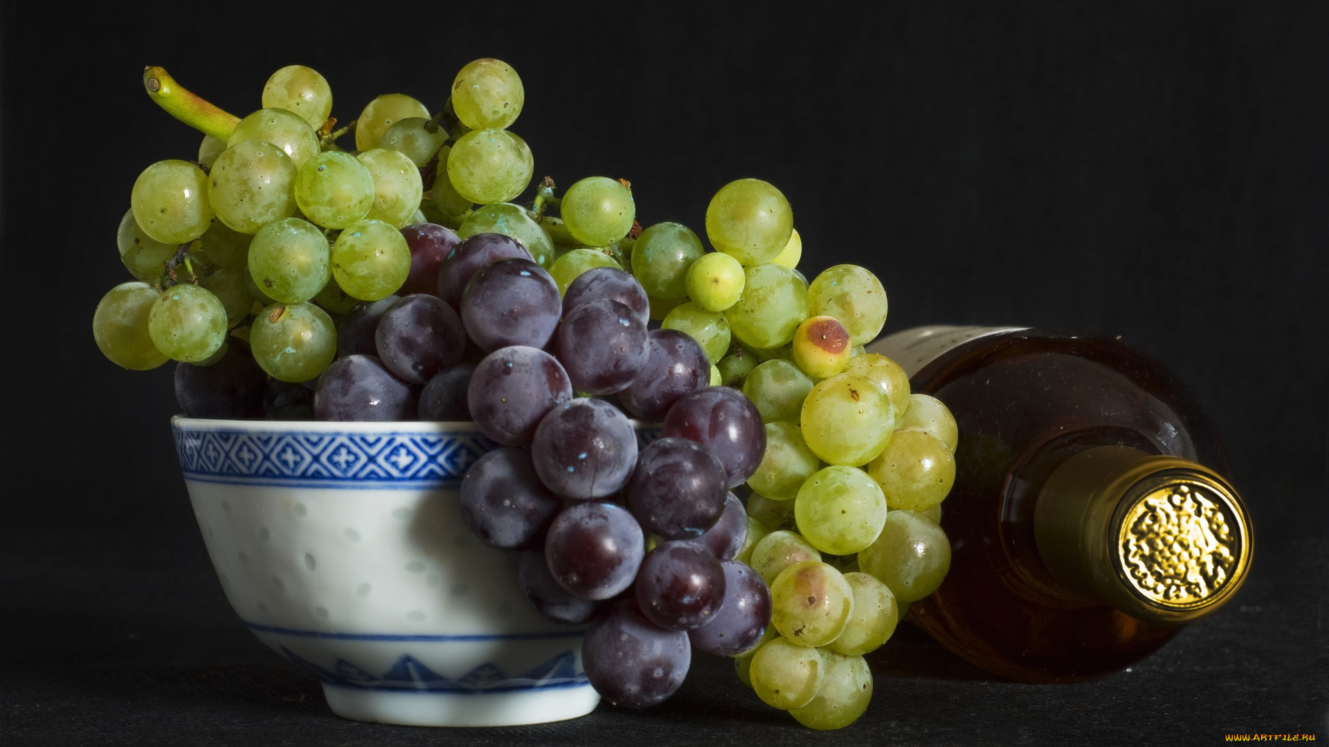 еда, виноград, бутылка, кисть, чаша