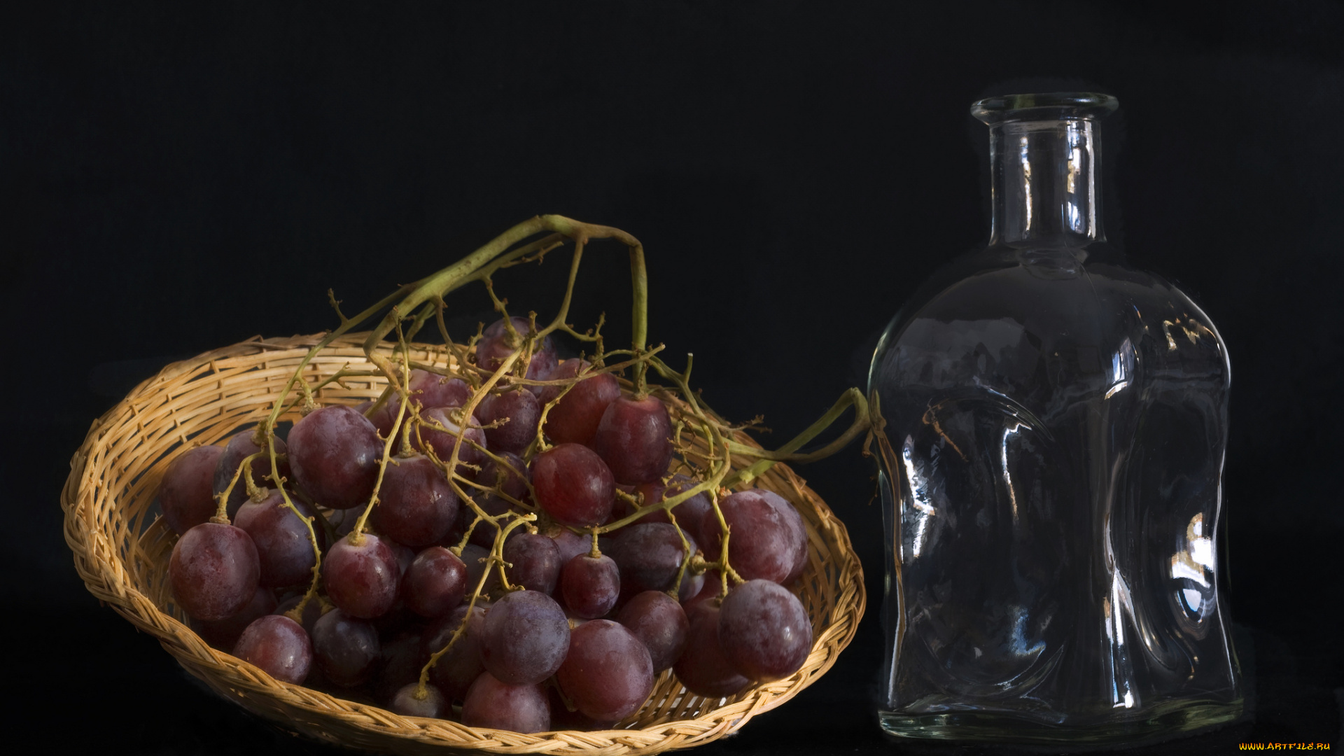 еда, виноград, кисть, бутылка, корзинка