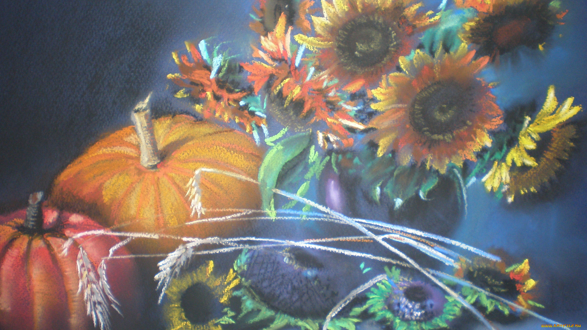 натюрморт, рисованное, живопись, тыква, подсолнух