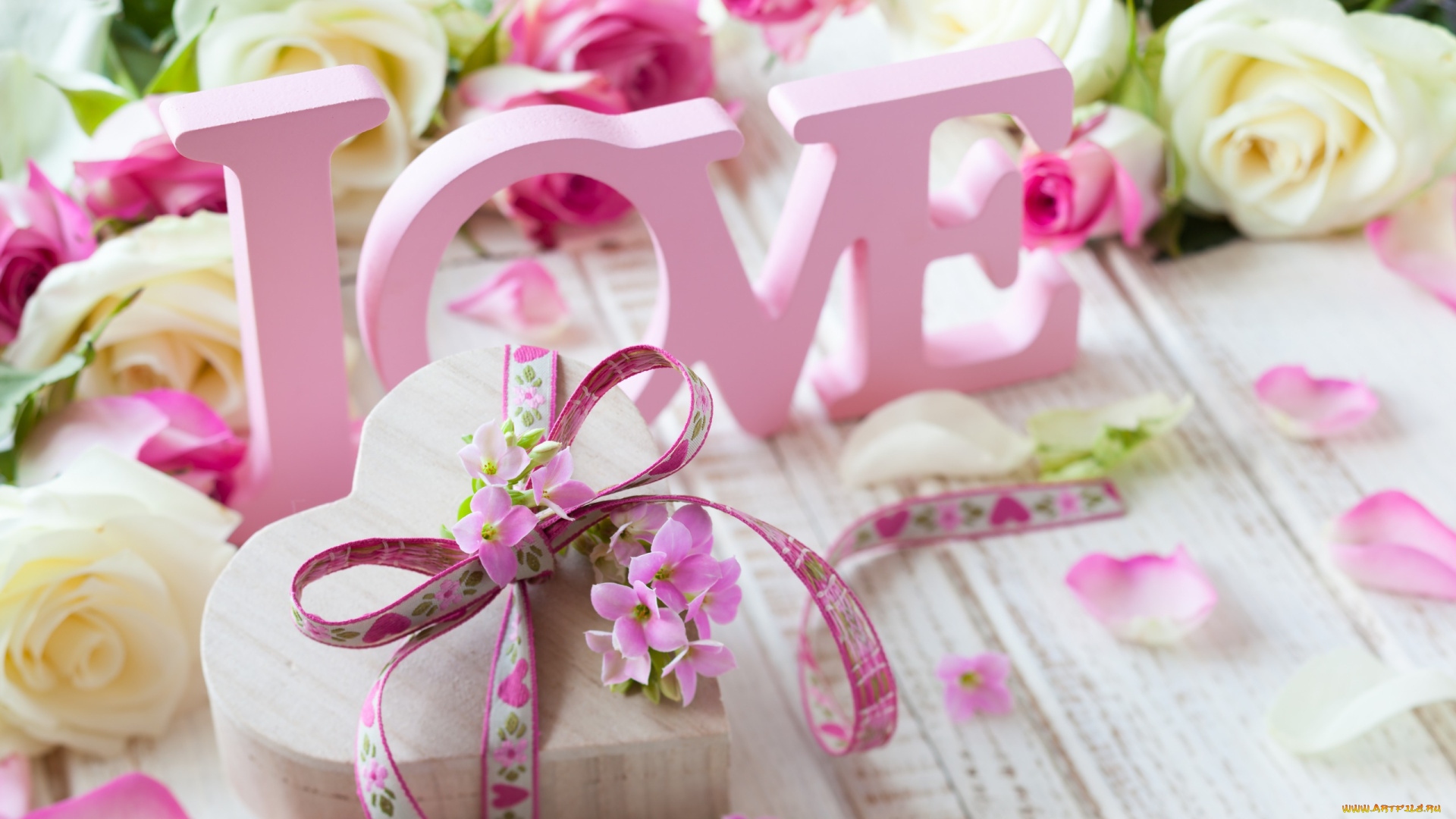 праздничные, день, святого, валентина, , сердечки, , любовь, розы, лепестки, бант