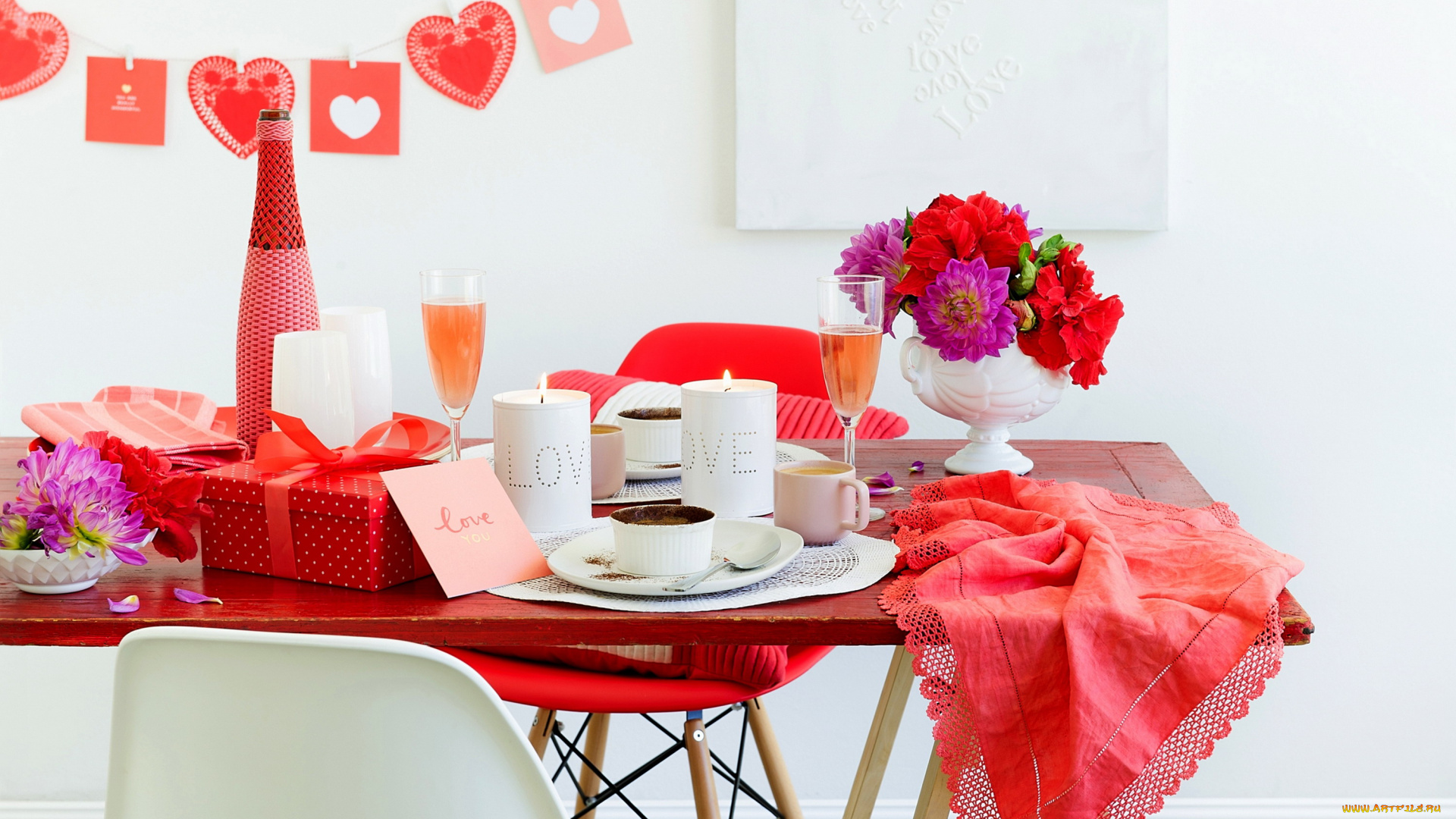 праздничные, день, святого, валентина, , сердечки, , любовь, подарок, шампанское, свечи, букет, сервировка