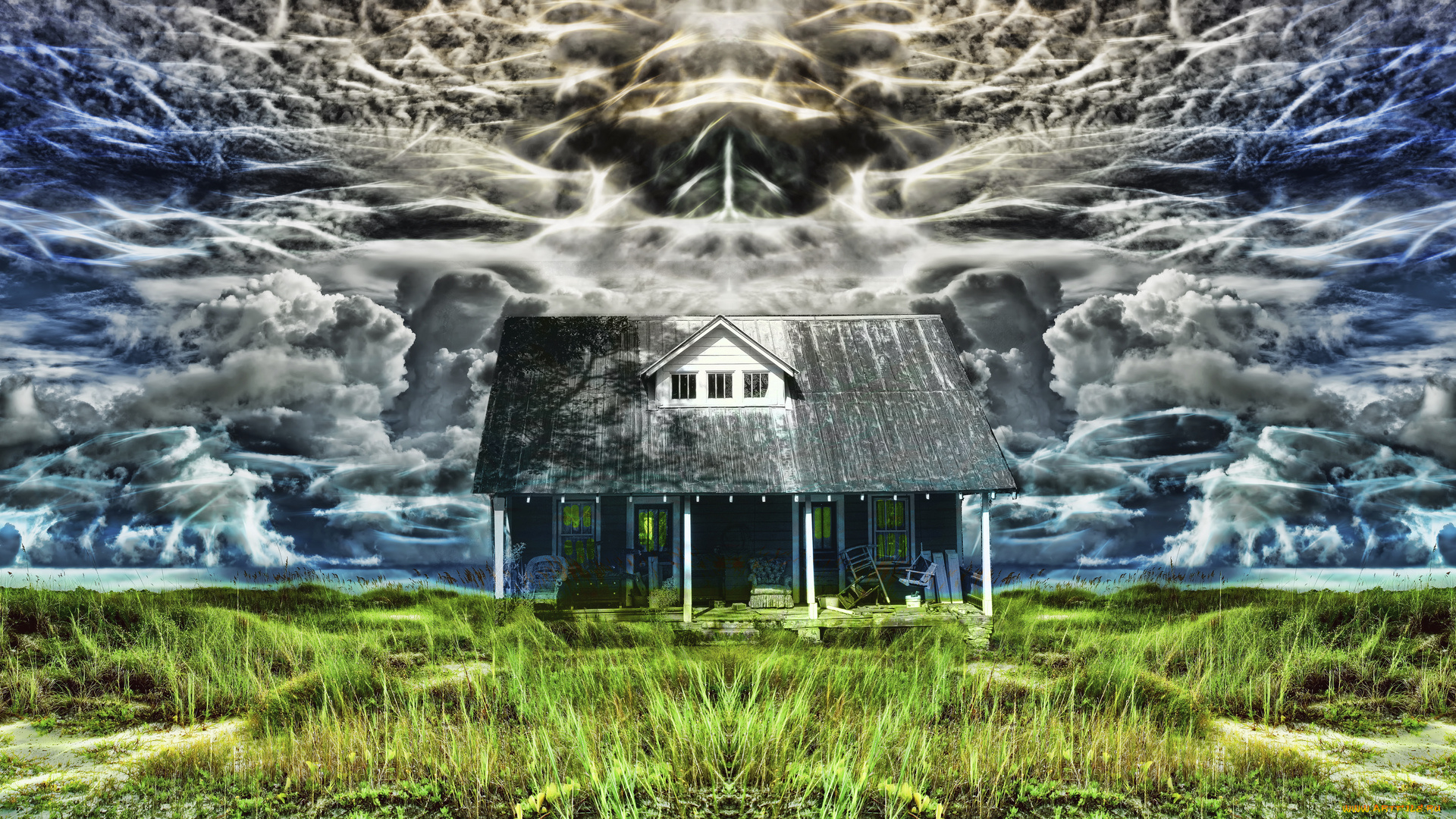 разное, компьютерный, дизайн, обработка, фотошоп, небо, дом, облака