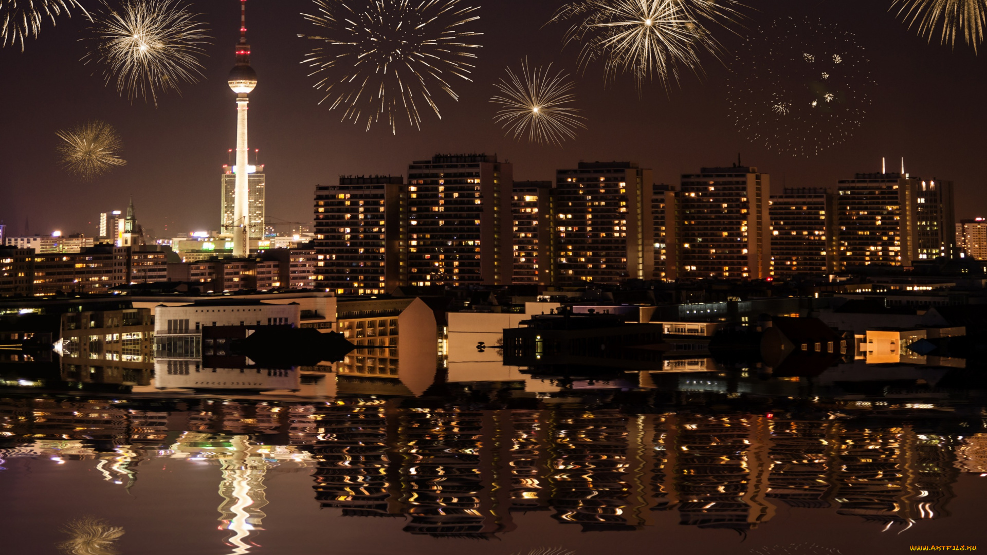 разное, салюты, , фейерверки, города, здания, огни, полночь, фейерверки, новый, год