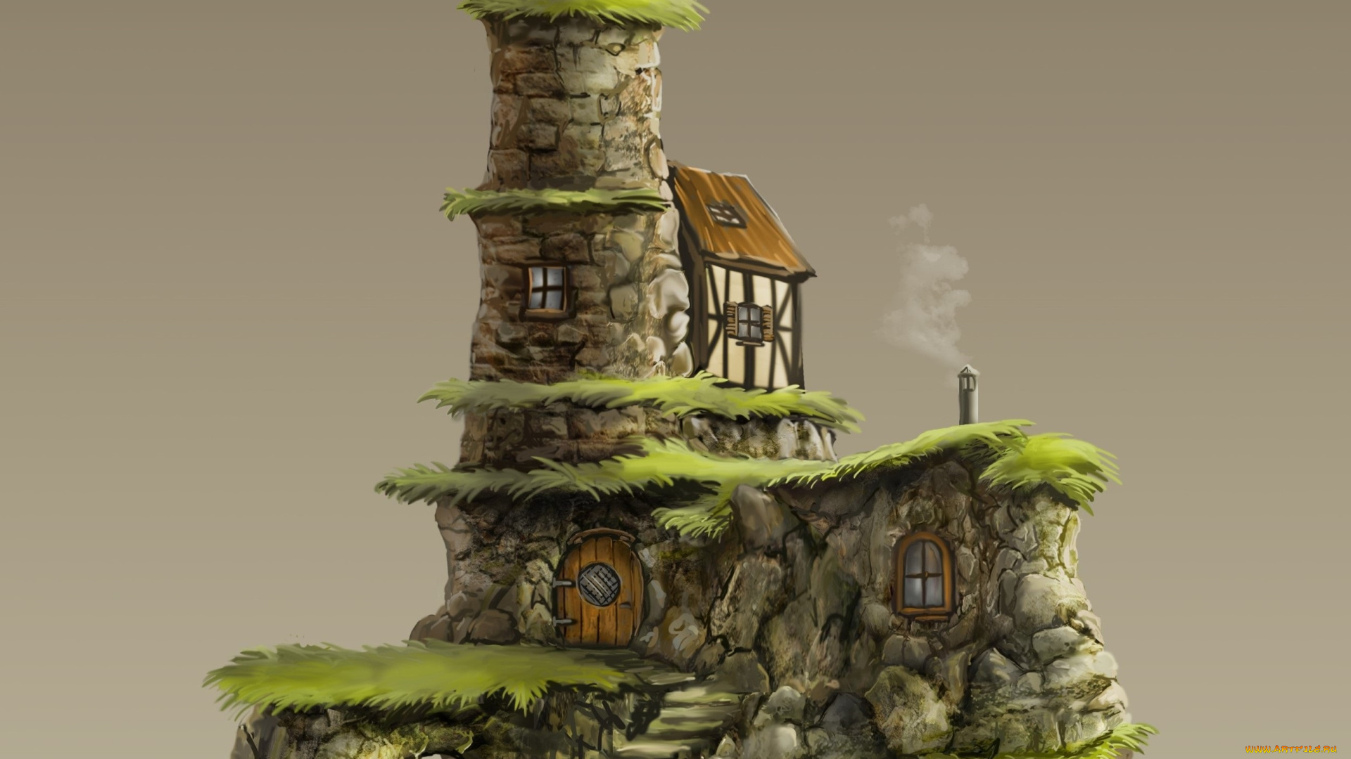 рисованное, -, другое, маяк, трава, лестница, башня, домик