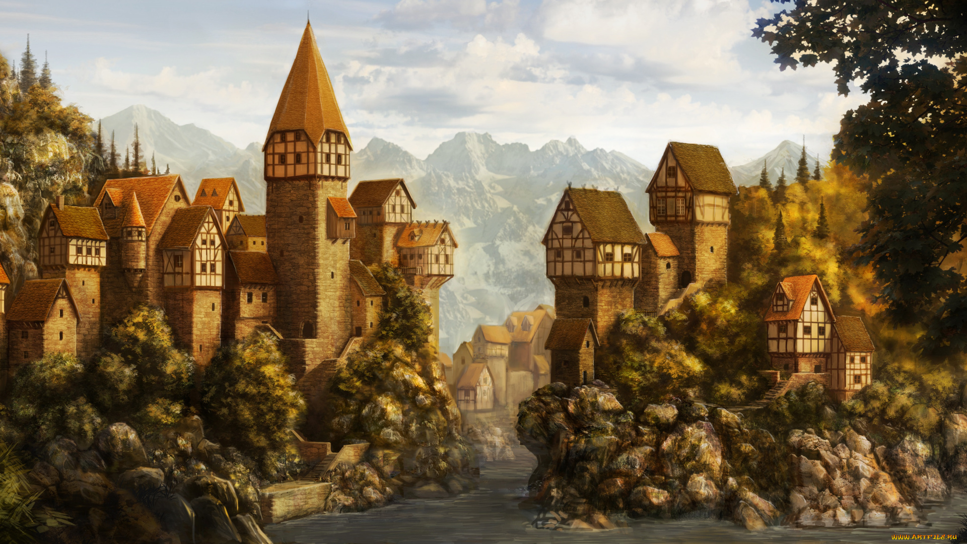 рисованное, города, река, вершины, горы, дома