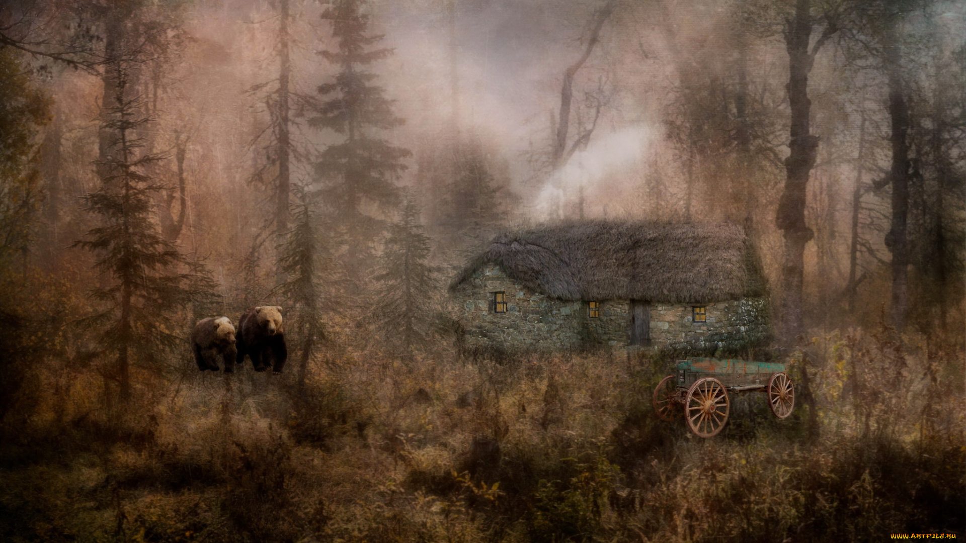 рисованное, живопись, стиль, природа, медведи, дом