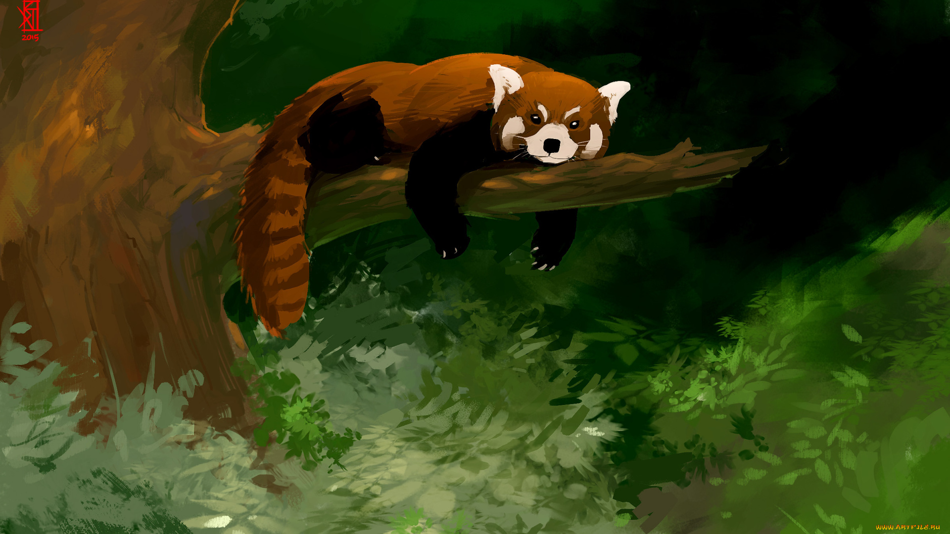 рисованное, животные, панда, ветка