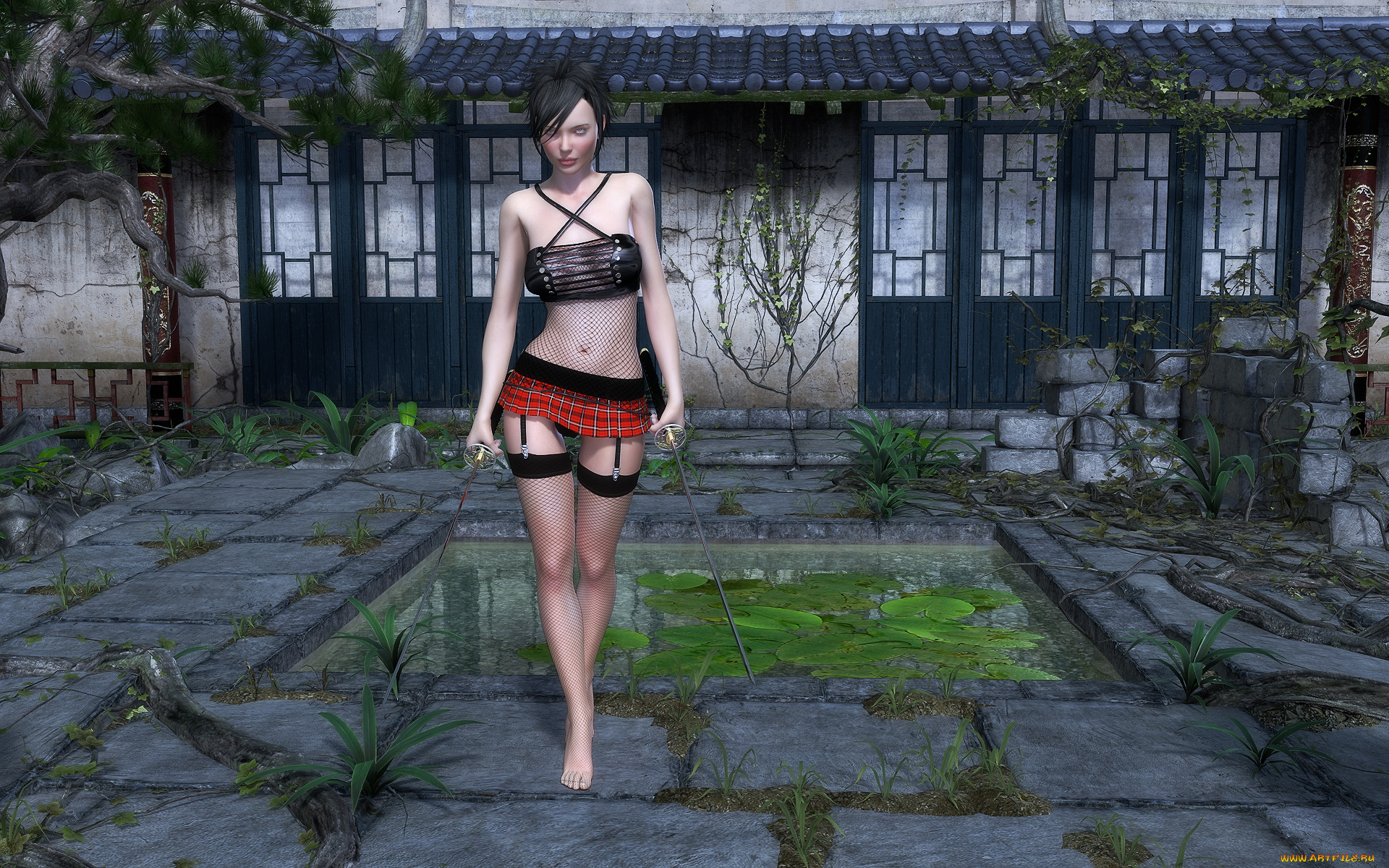 3д, графика, люди, , people, взгляд, девушка, шпаги, фон