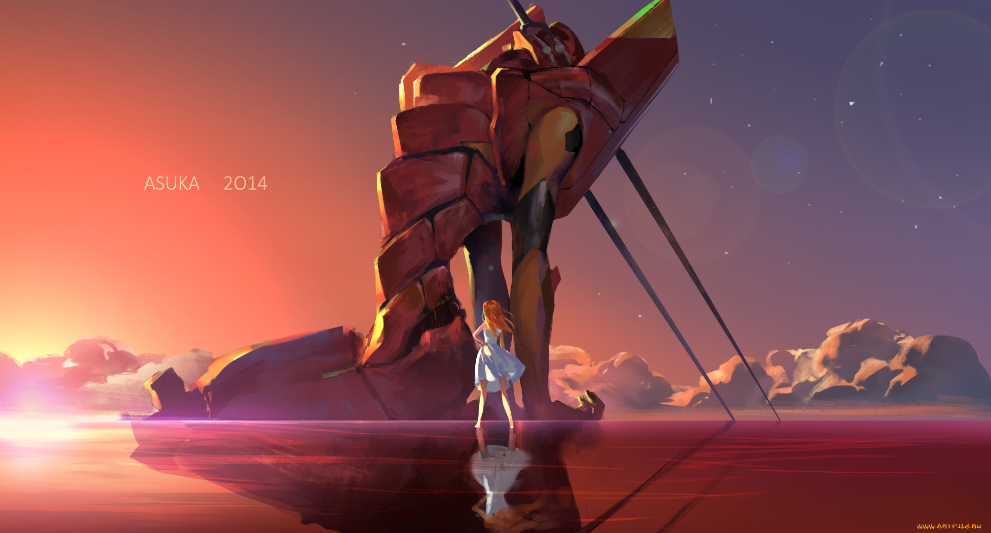 аниме, evangelion, облака, платье, небо, робот, закат, девушка, soryu, asuka, langley, kzcjimmy