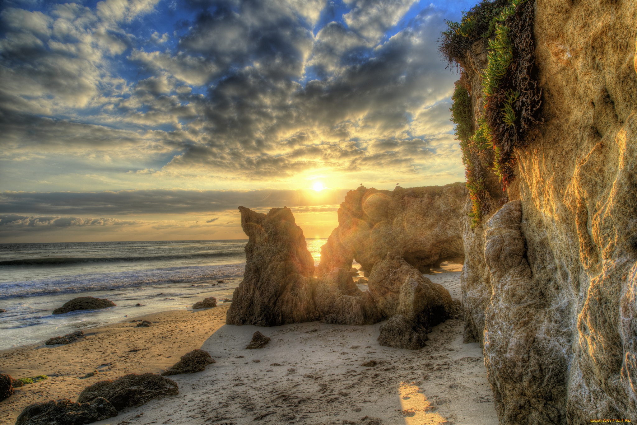 природа, восходы, закаты, пляж, облака, океан, солнце