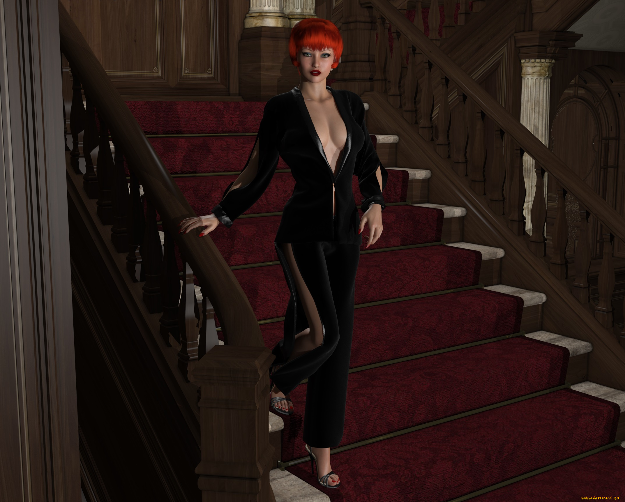 3д, графика, люди, , people, лестница, фон, взгляд, девушка, рыжая