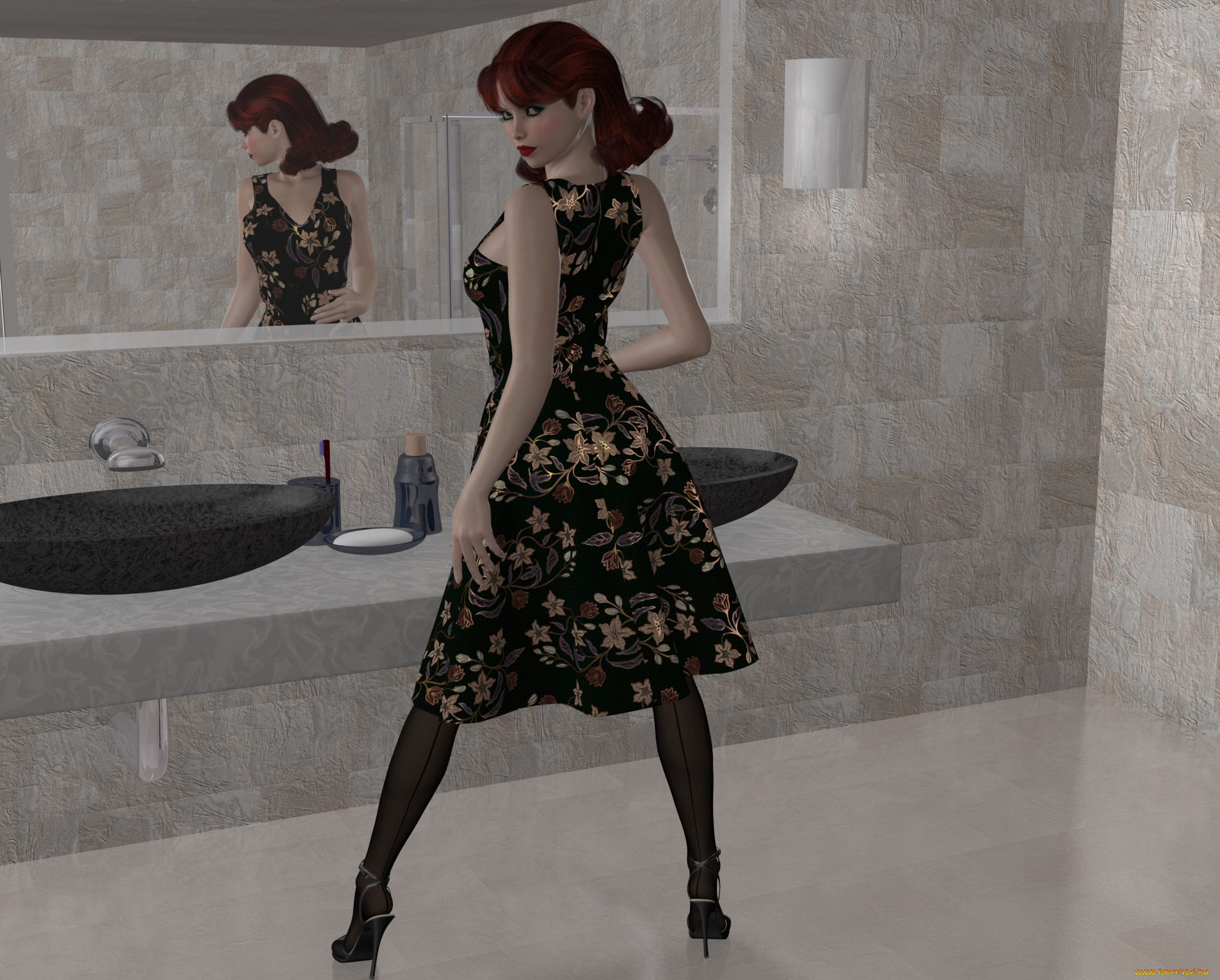 3д, графика, люди, , people, зеркало, фон, взгляд, девушка, туфли, чулки