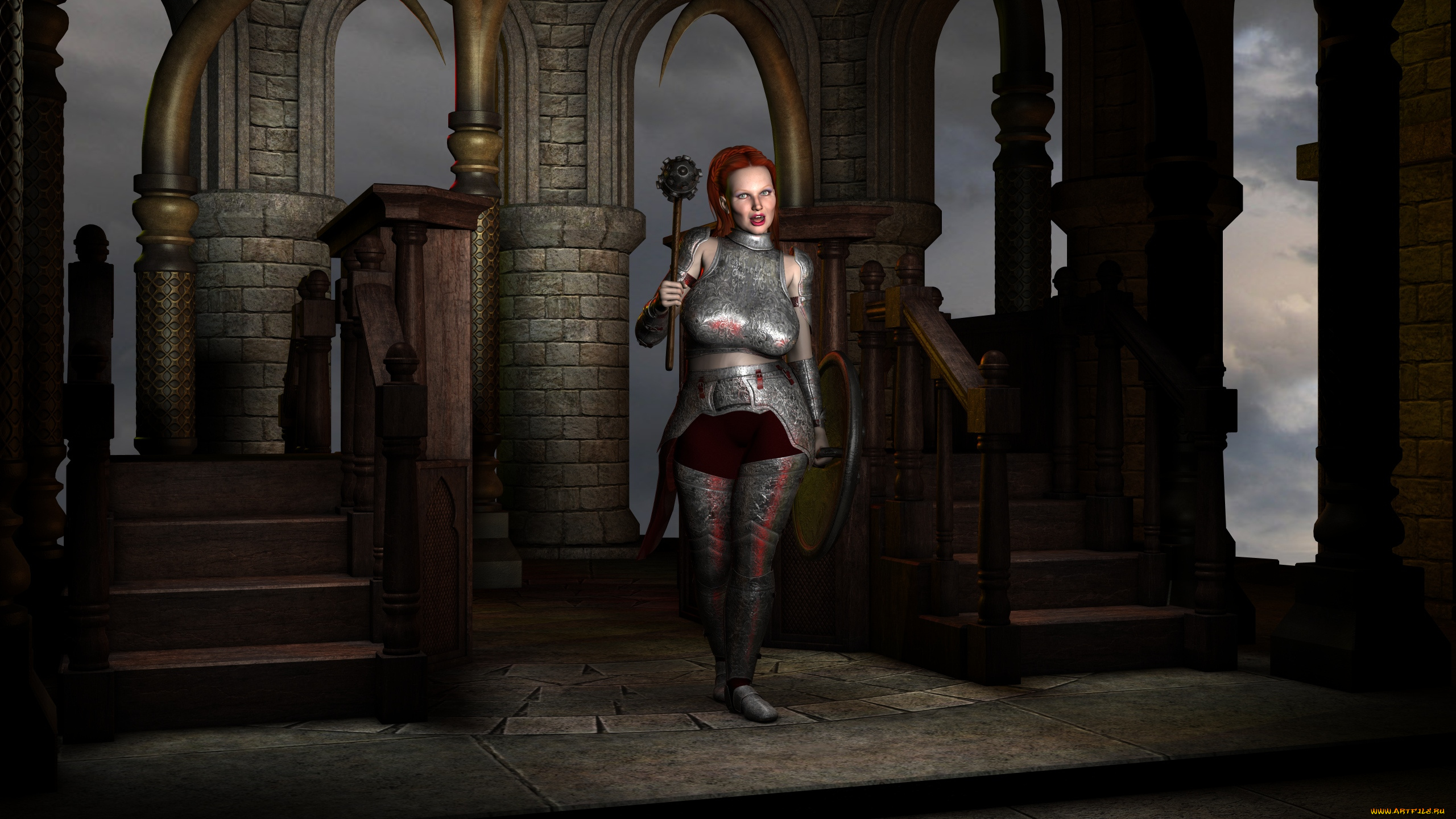 3д, графика, амазонки, , amazon, булава, взгляд, фон, девушка