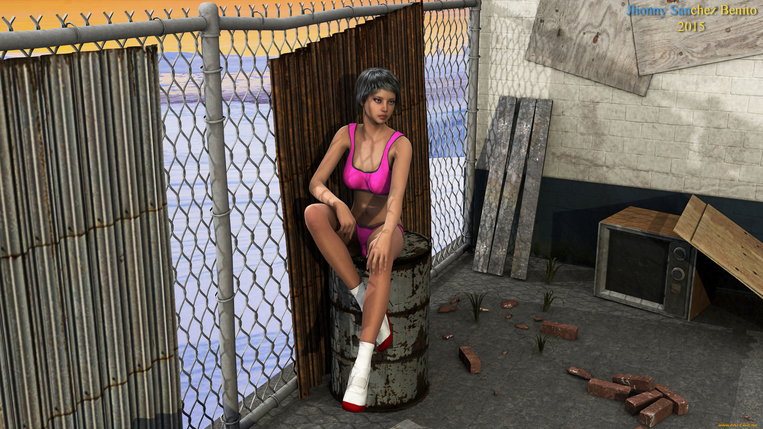 3д, графика, люди, , people, девушка, взгляд, фон, купальник, двор