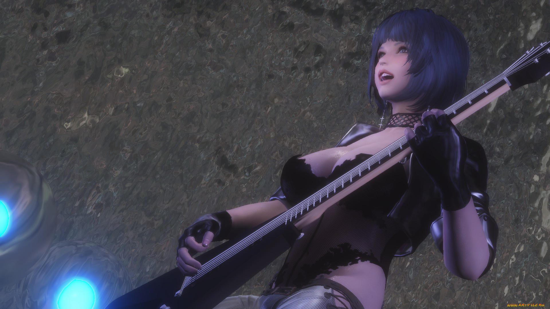 3д, графика, аниме, , anime, гитара, фон, взгляд, девушка