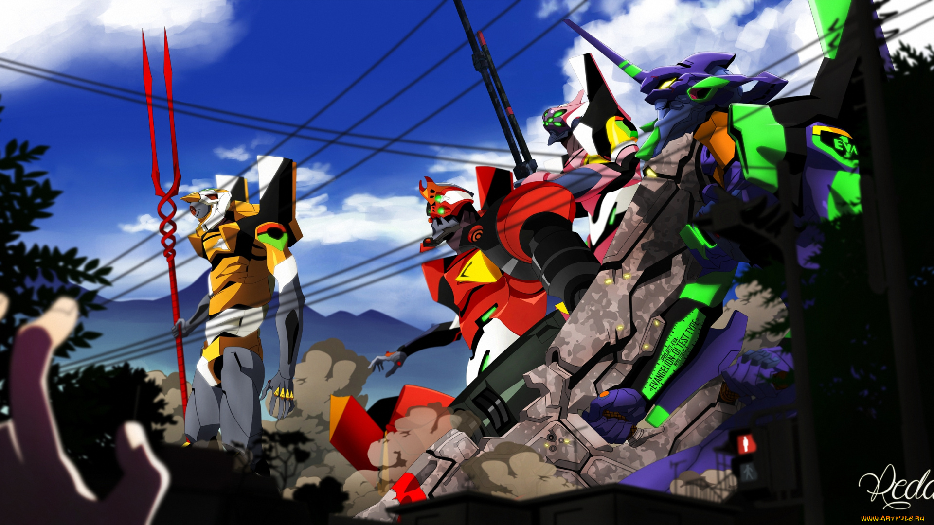 аниме, evangelion, небо, роботы, горы, оружие, eva, меха