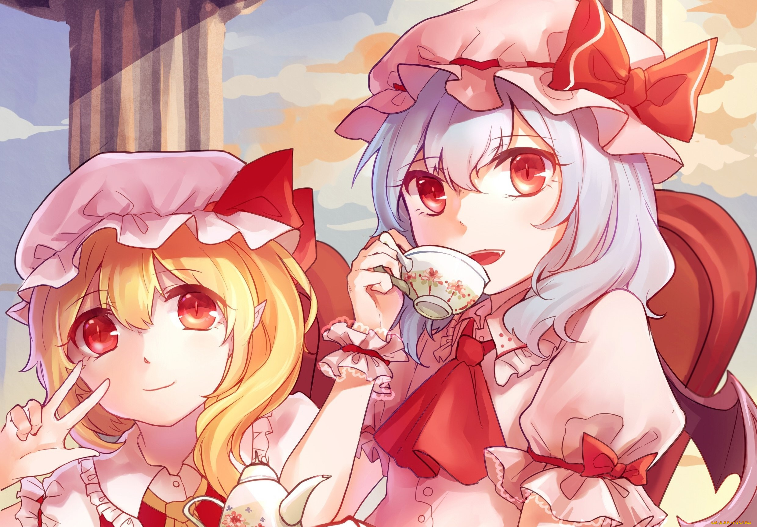 аниме, touhou, взгляд, девушки, фон
