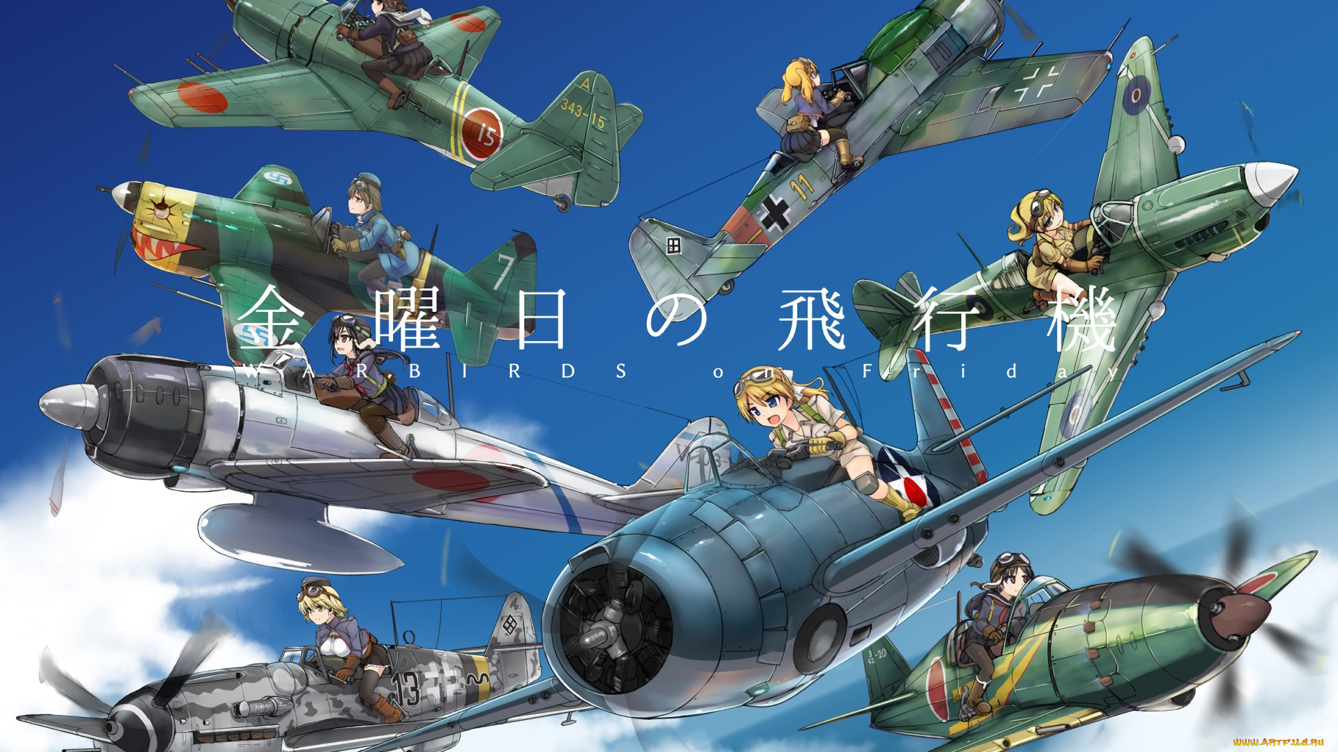 аниме, оружие, , техника, , технологии, девушки, взгляд, фон, самолеты, полет