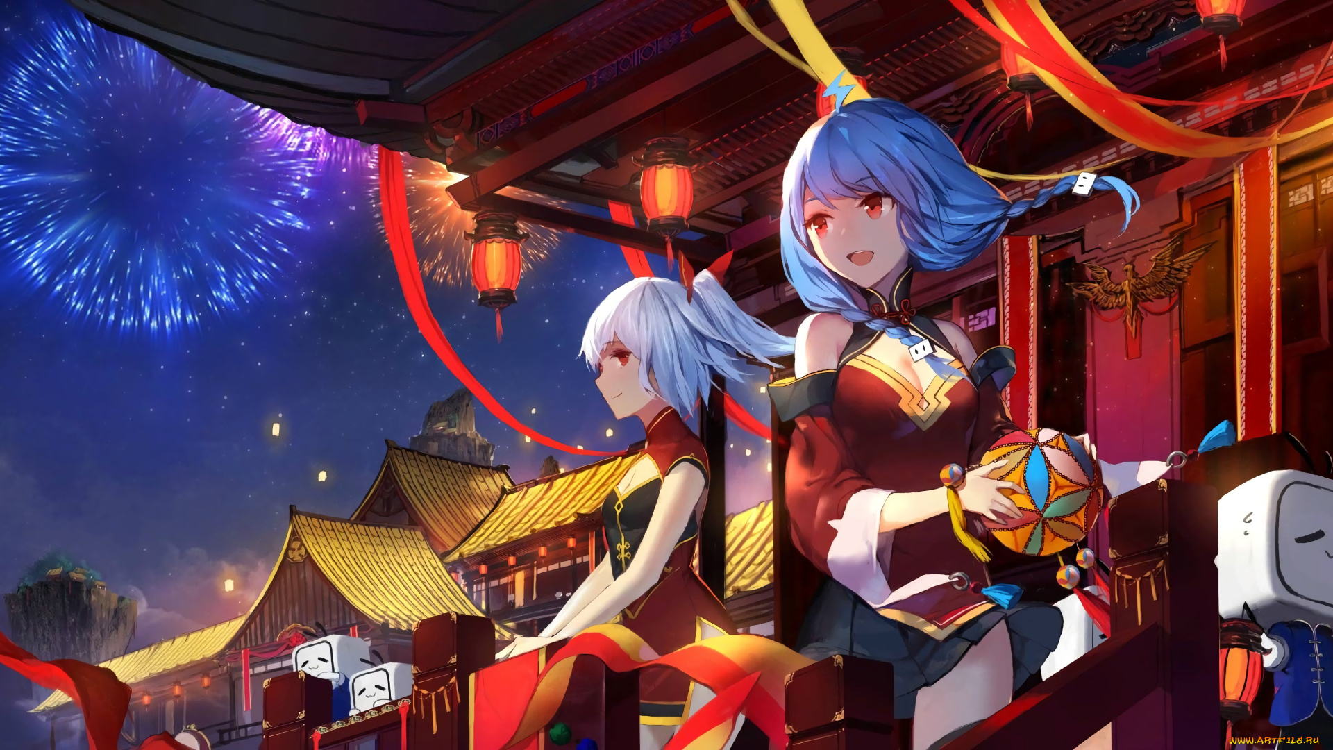 bili, bili, douga, аниме, город, , улицы, , здания, девушки, салют