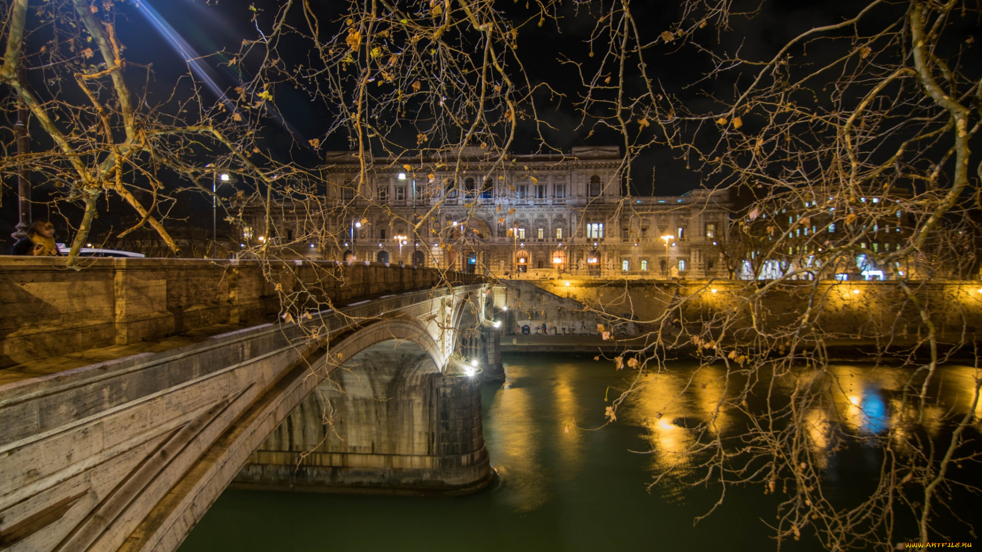 города, -, огни, ночного, города, река, мост