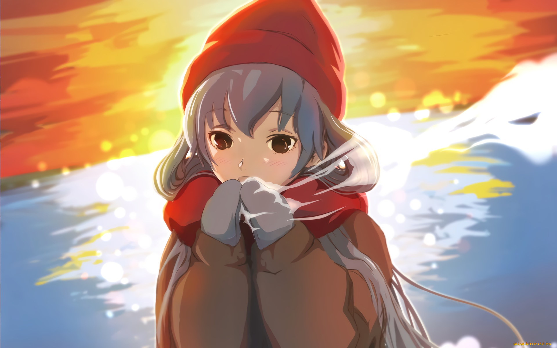 аниме, зима, , новый, год, , рождество, девушка, взгляд, фон