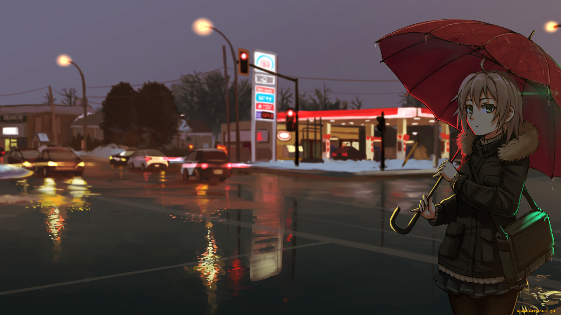 аниме, город, , улицы, , интерьер, , здания, девушка, зонт