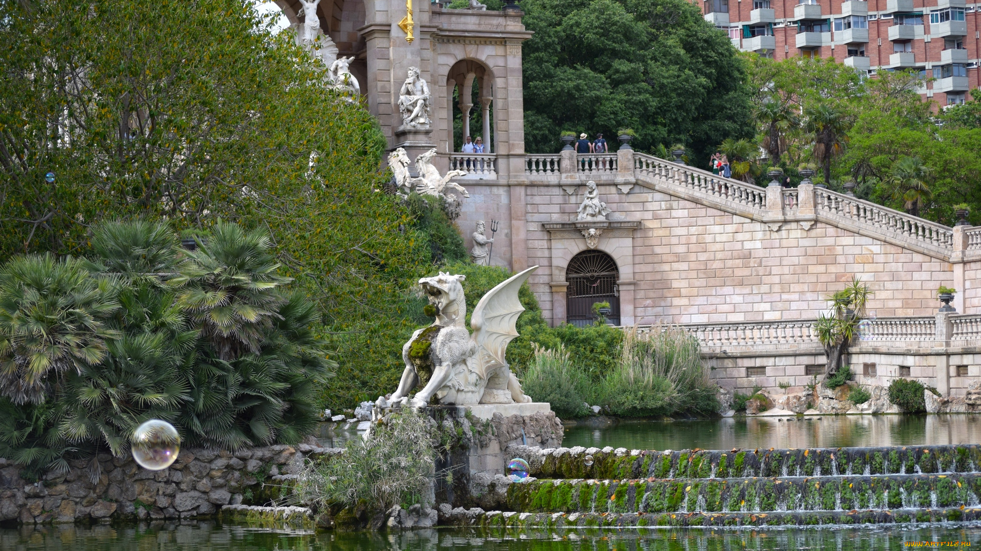 города, барселона, , испания, пузырь, деревья, скульптура, водоем