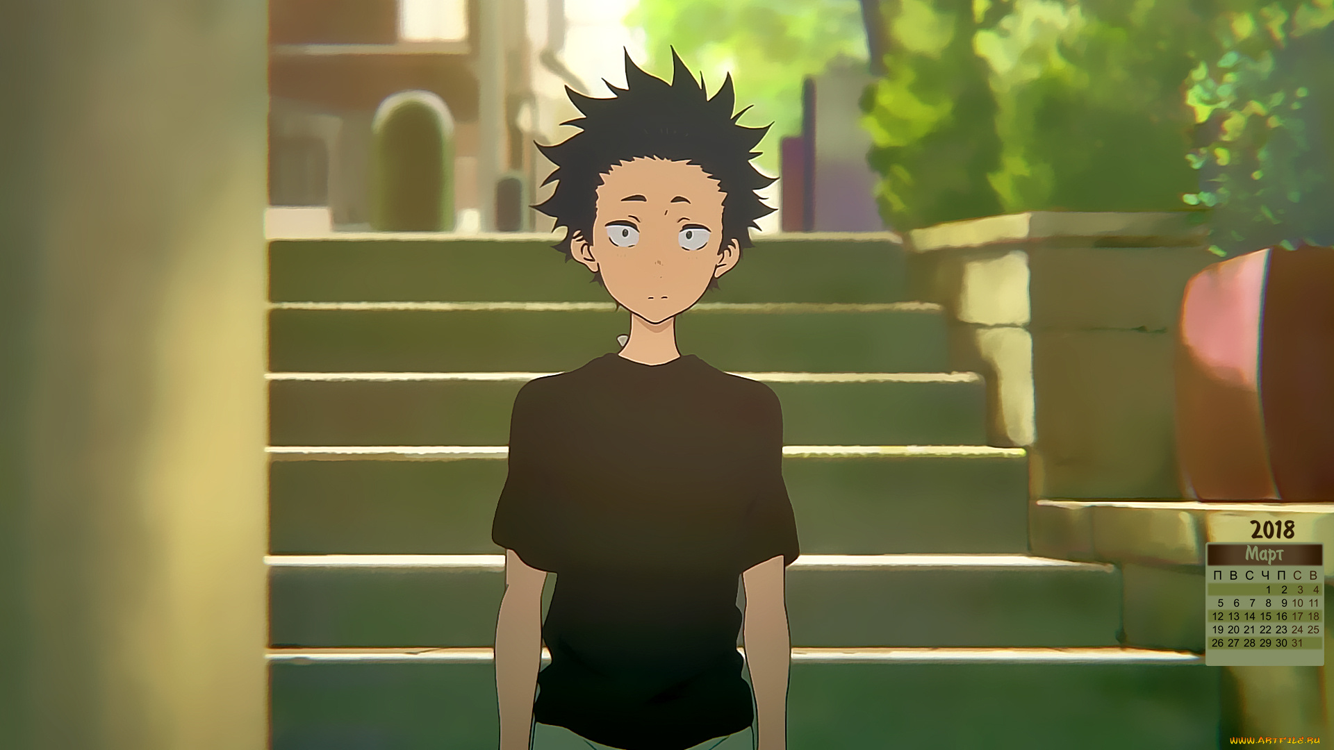 календари, аниме, 2018, взгляд, парень, ступени