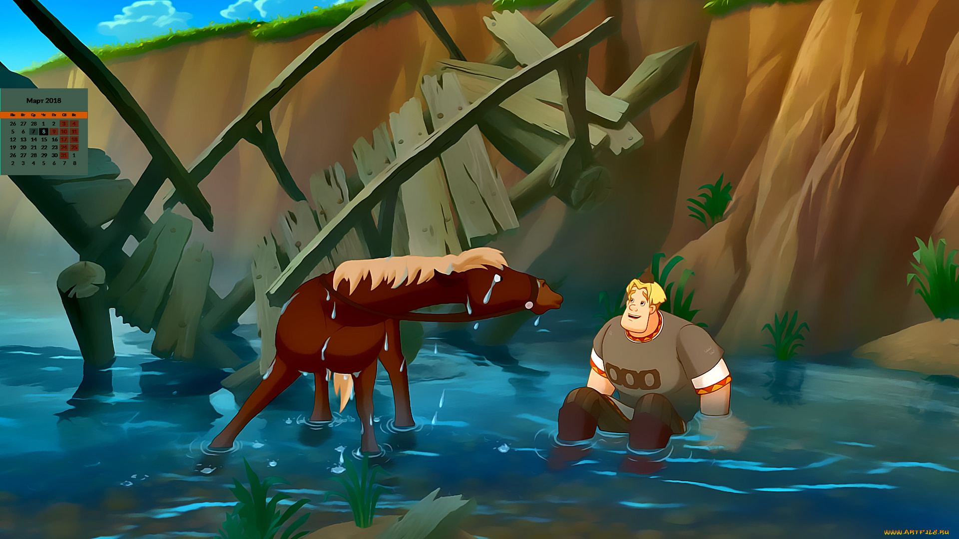 календари, кино, , мультфильмы, 2018, взгляд, мужчина, лошадь, водоем