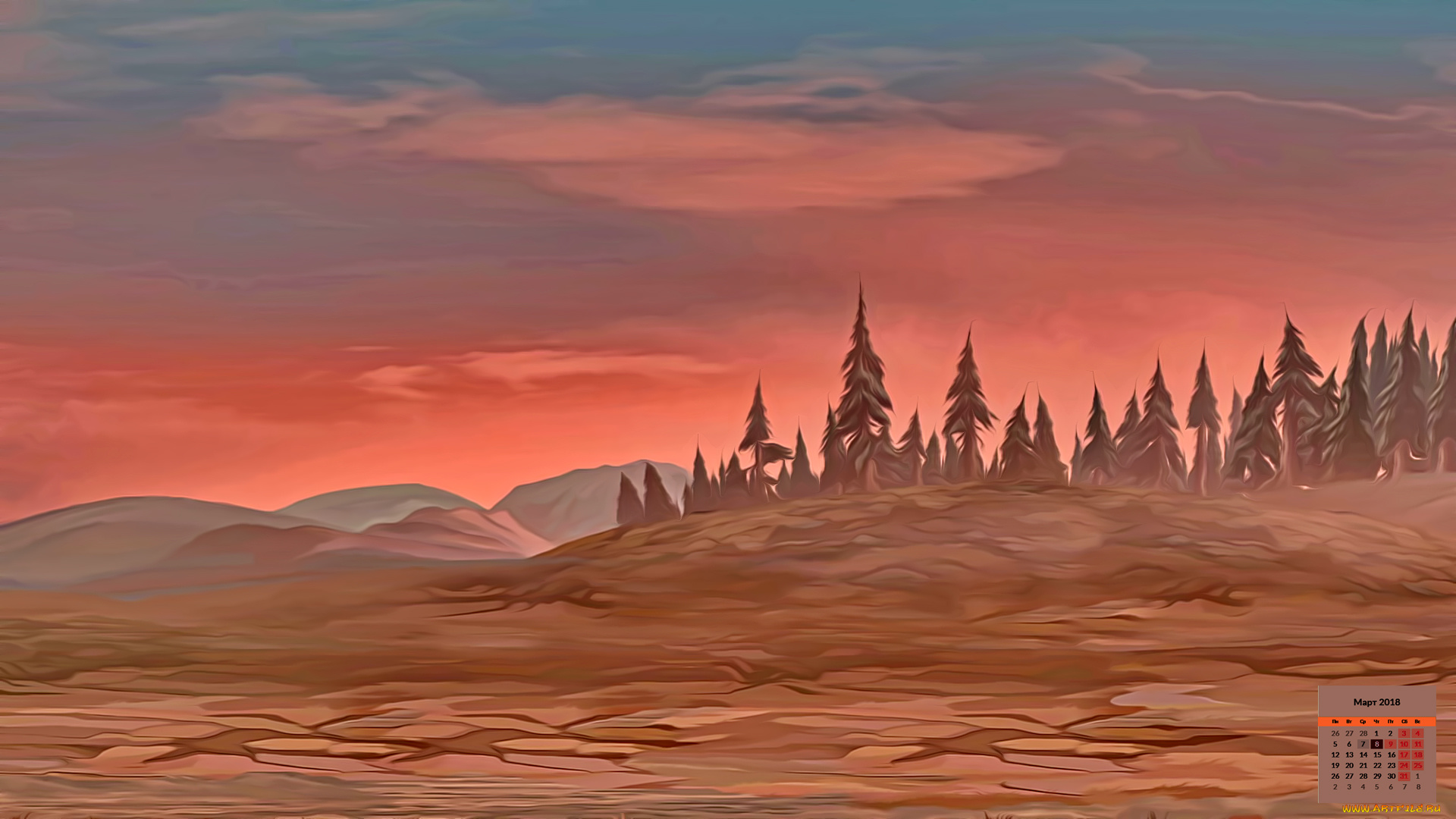 календари, рисованные, , векторная, графика, 2018, деревья, природа