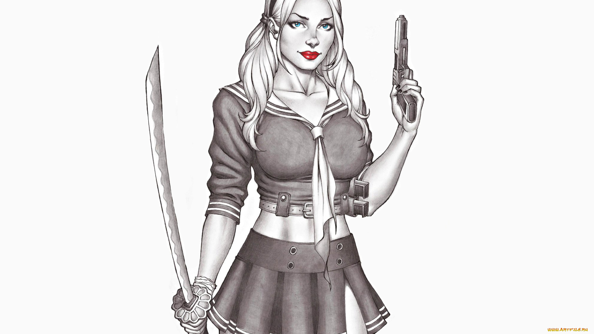 рисованное, комиксы, взгляд, фон, пистолет, девушка, сабля