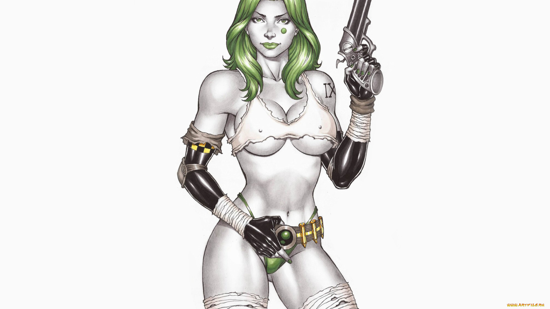 рисованное, комиксы, взгляд, фон, револьвер, девушка