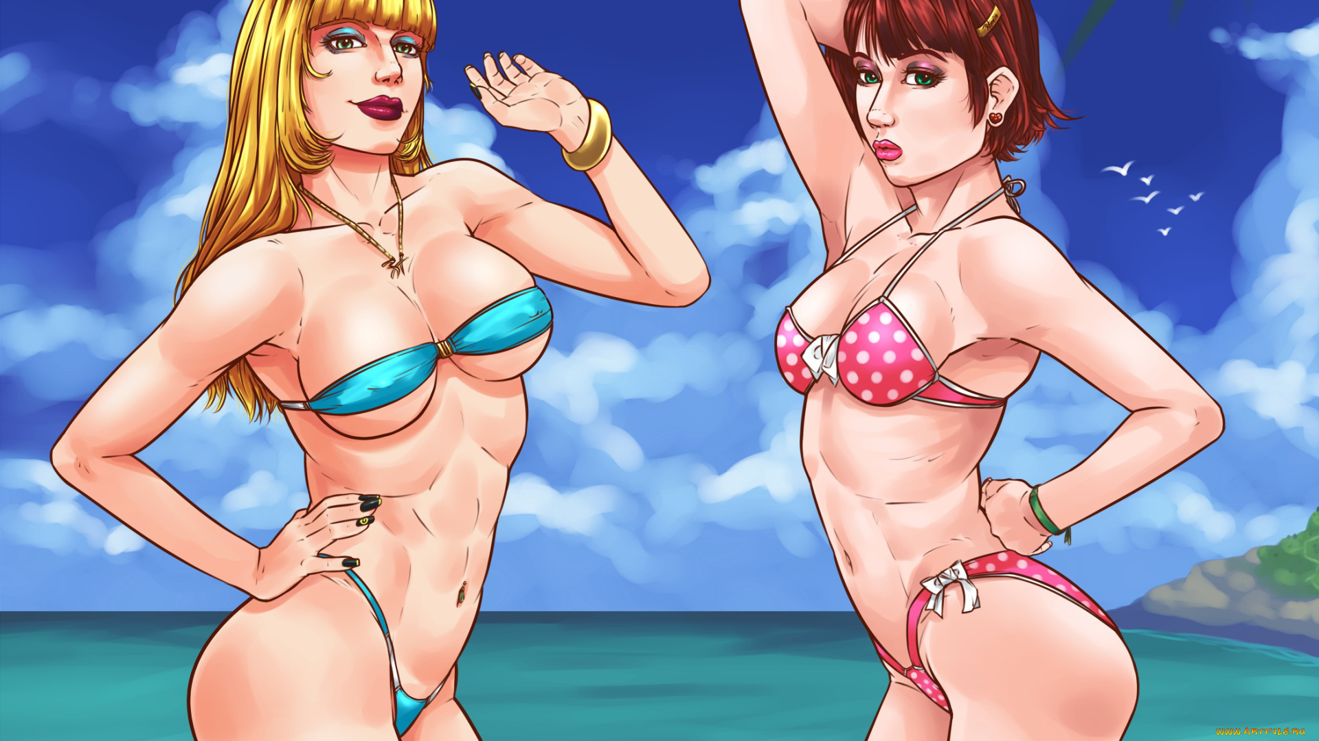 рисованное, люди, девушки, взгляд, фон, купальник