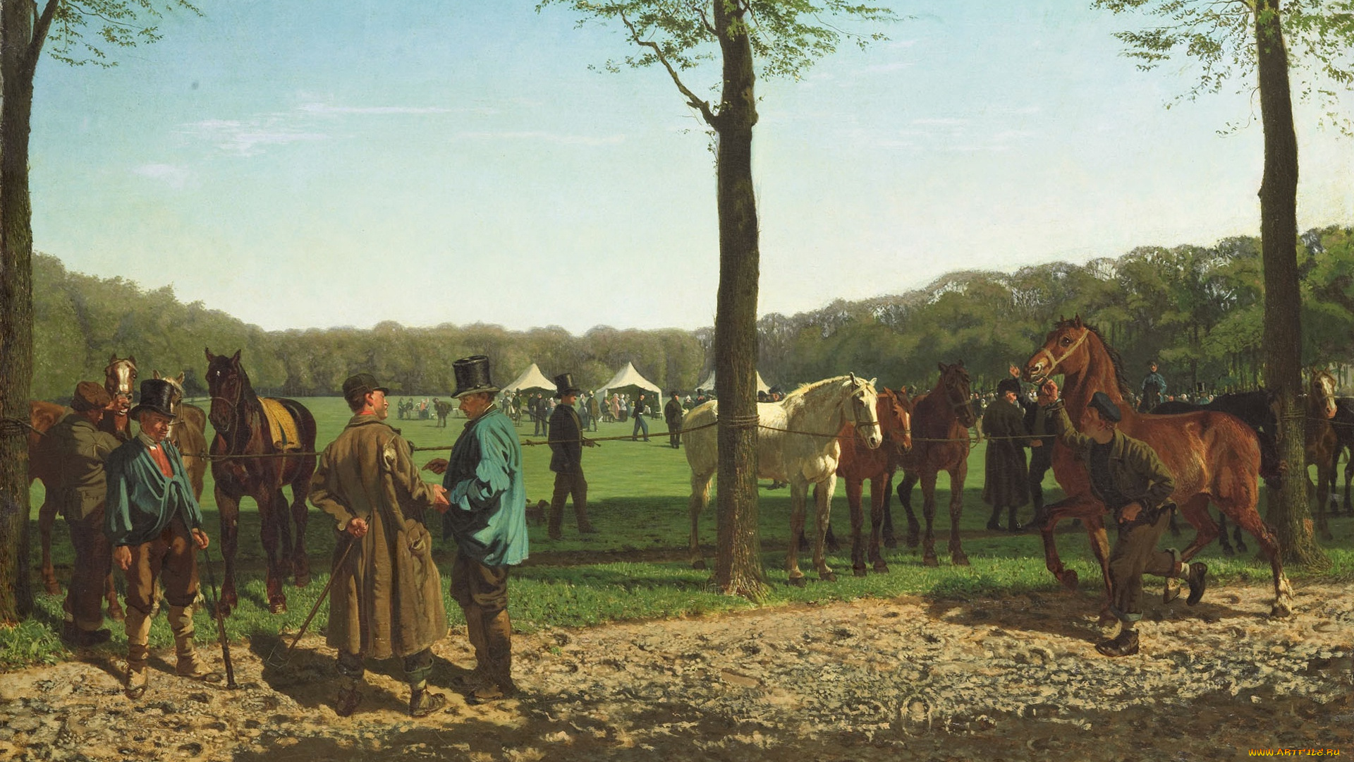 рисованное, живопись, масло, животные, холст, картина, корнелис, альбертус, йоханнес, шермер, рынок, лошадей, в, гааге