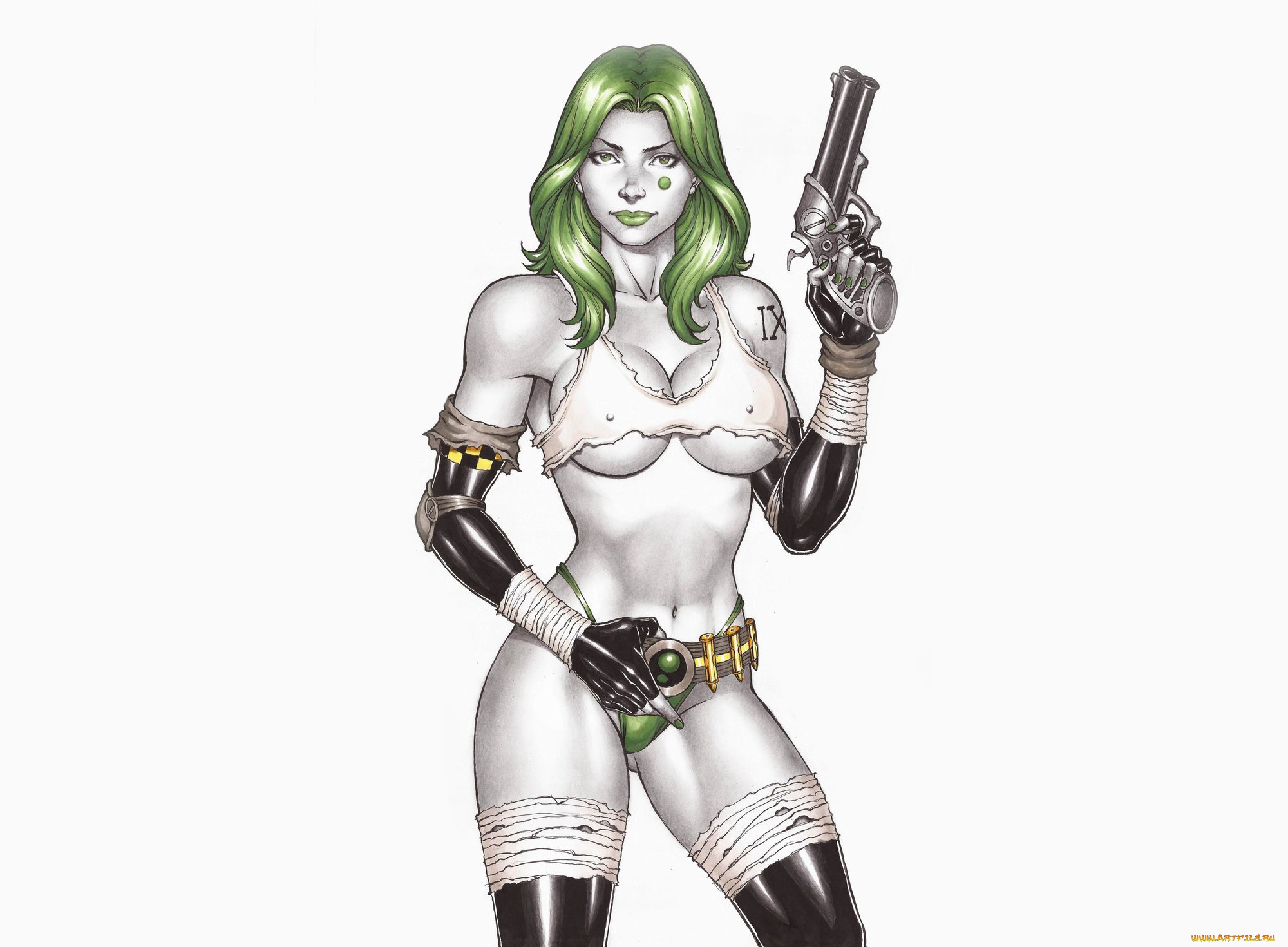 рисованное, комиксы, взгляд, фон, револьвер, девушка