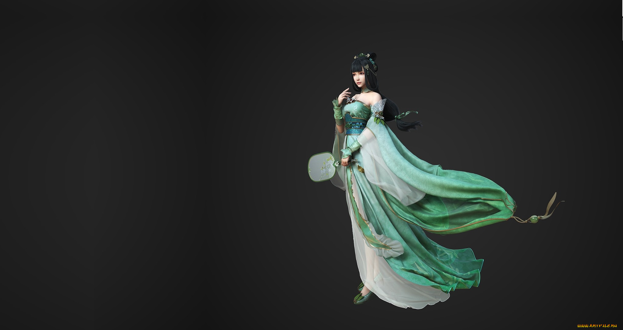 фэнтези, девушки, платье, веер, yonglin, yao, арт, девушка