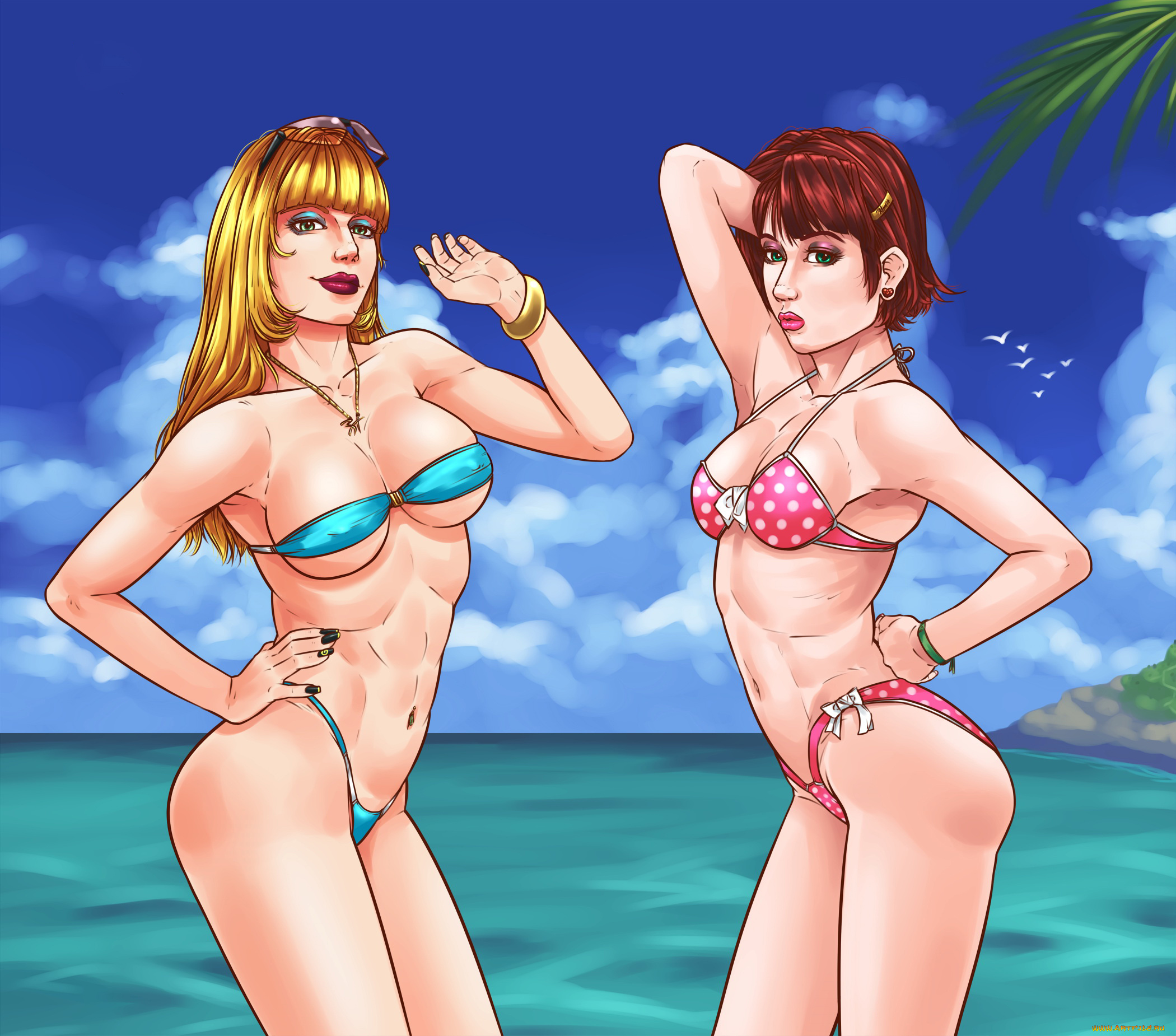 рисованное, люди, девушки, взгляд, фон, купальник