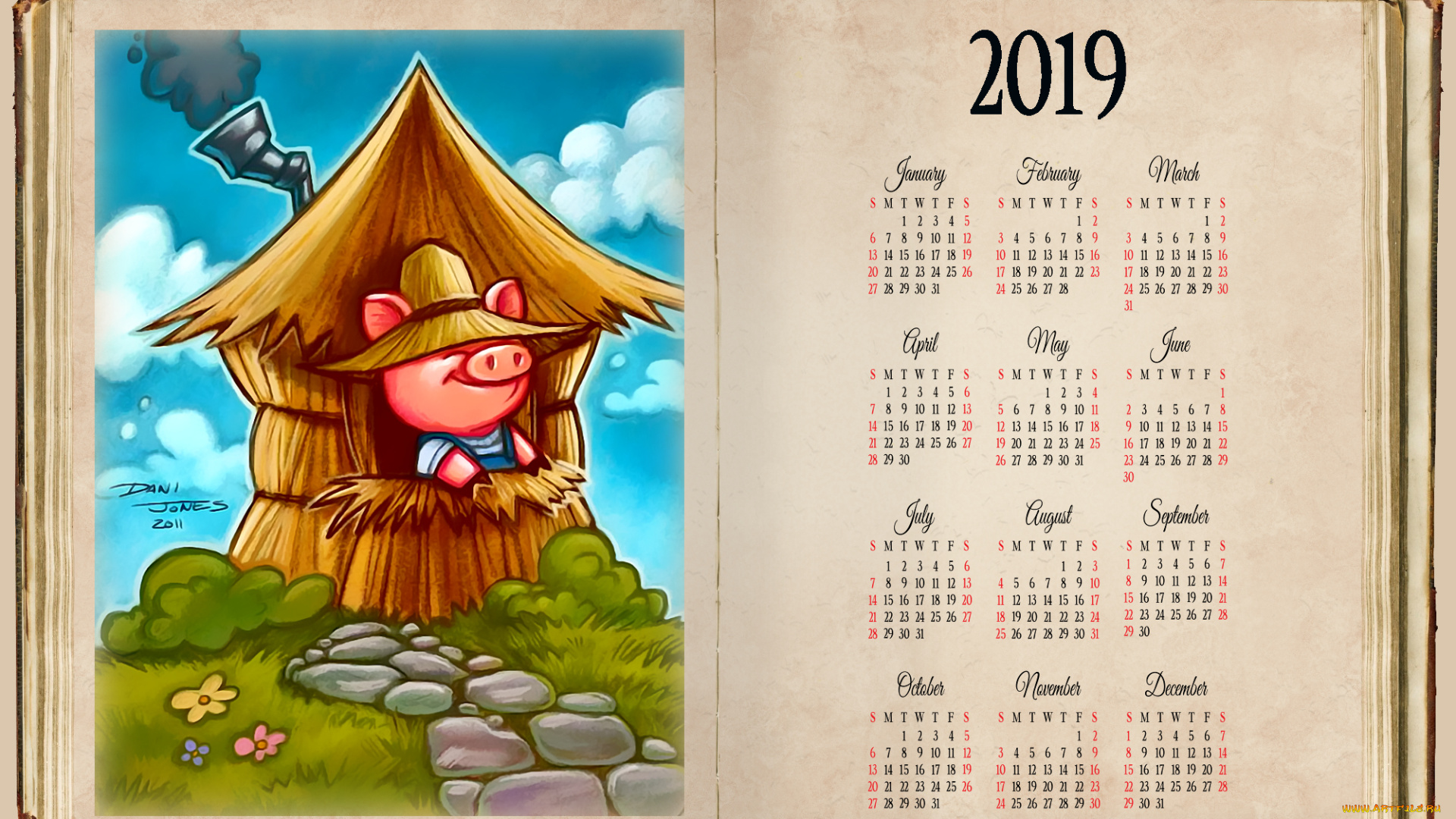 календари, рисованные, , векторная, графика, свинья, шляпа, дом, поросенок