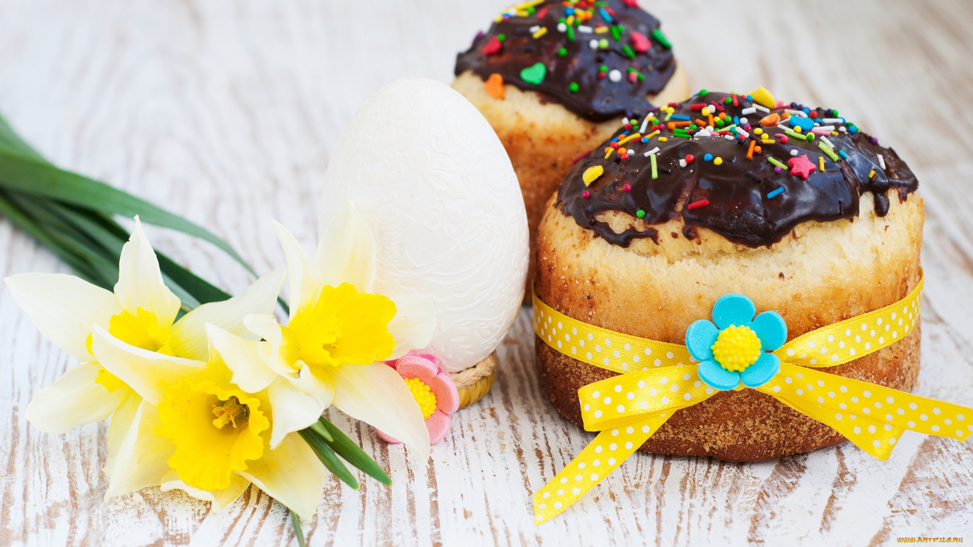 праздничные, пасха, глазурь, нарцисс, яйцо, кулич, бант