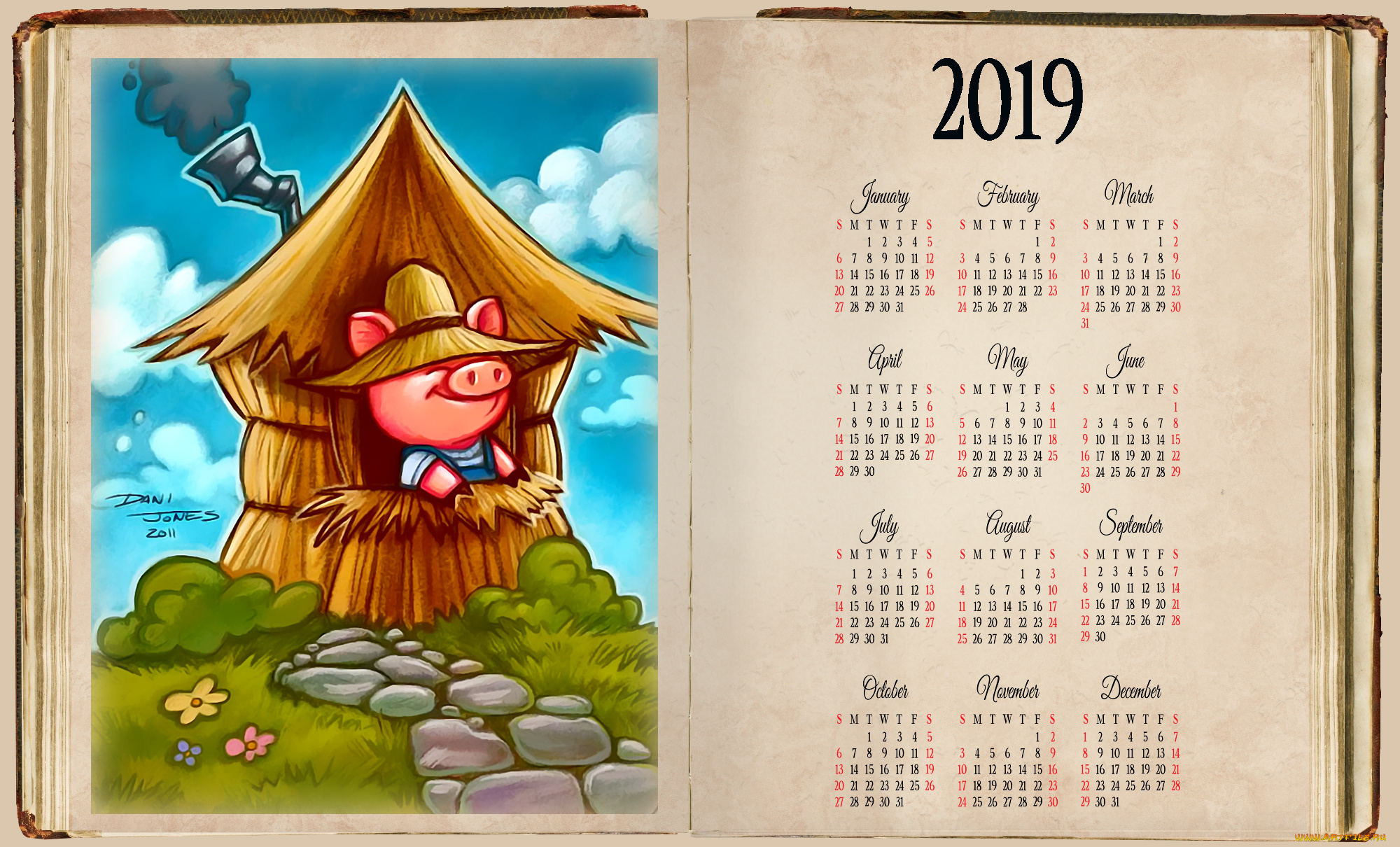 календари, рисованные, , векторная, графика, свинья, шляпа, дом, поросенок