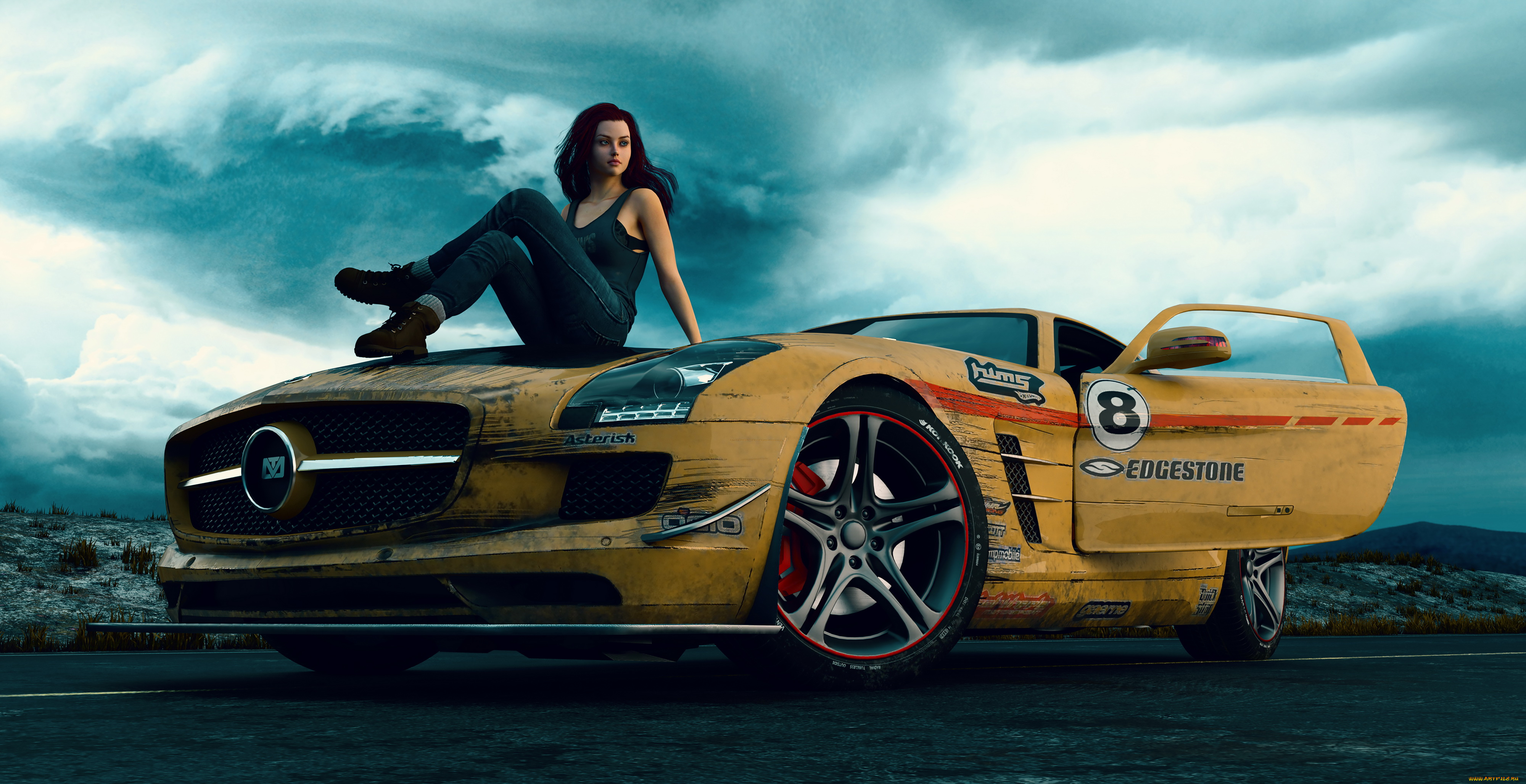 3д, графика, люди-авто, мото, , people-, car, , , moto, автомомбиль, девушка, фон, взгляд