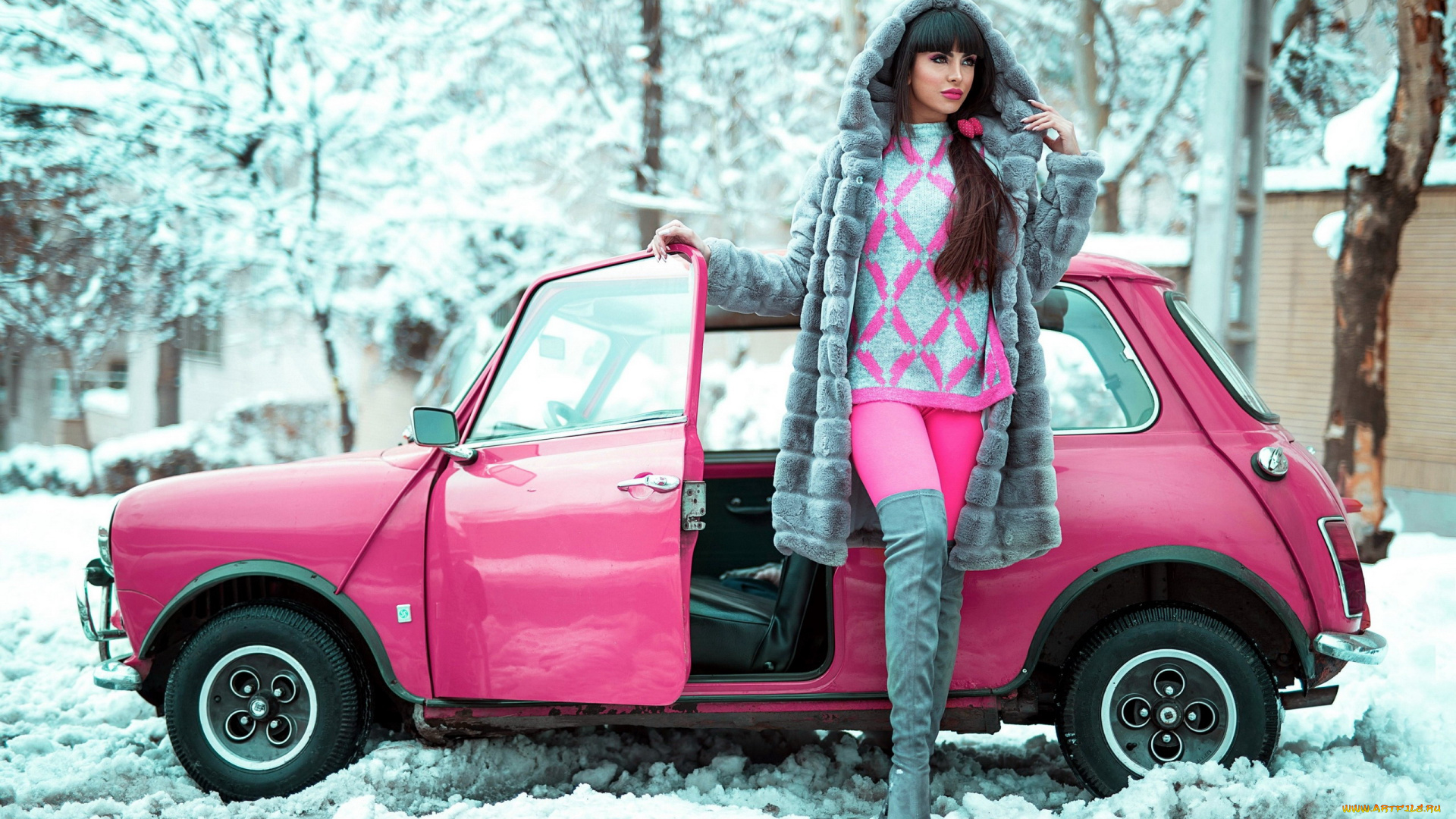 автомобили, -авто, с, девушками, austin, mini, cooper, мини, сапоги, до, колена, старая, машина, зима, женщины, розовый, британские, машины, хэтчбек, шуба, снeг, дeрeвья