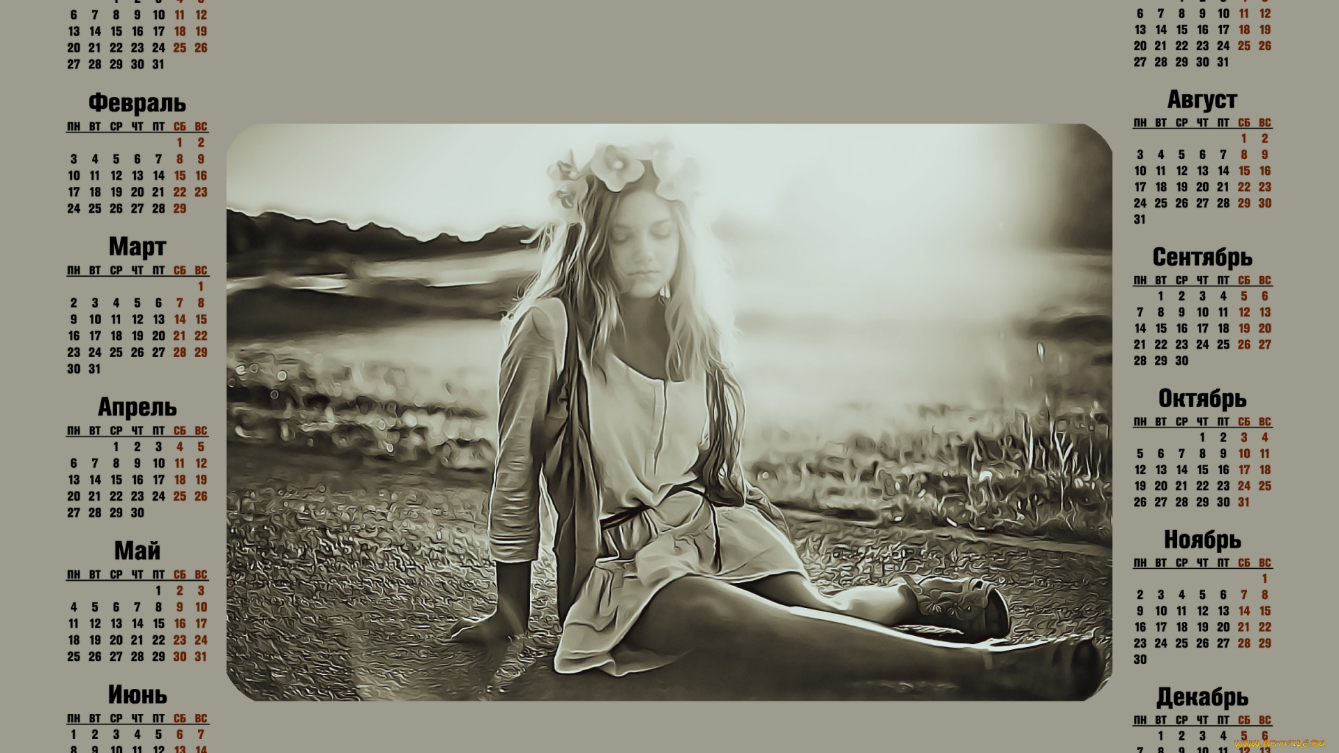 календари, компьютерный, дизайн, 2020, природа, женщина, венок, цветы, девушка, calendar