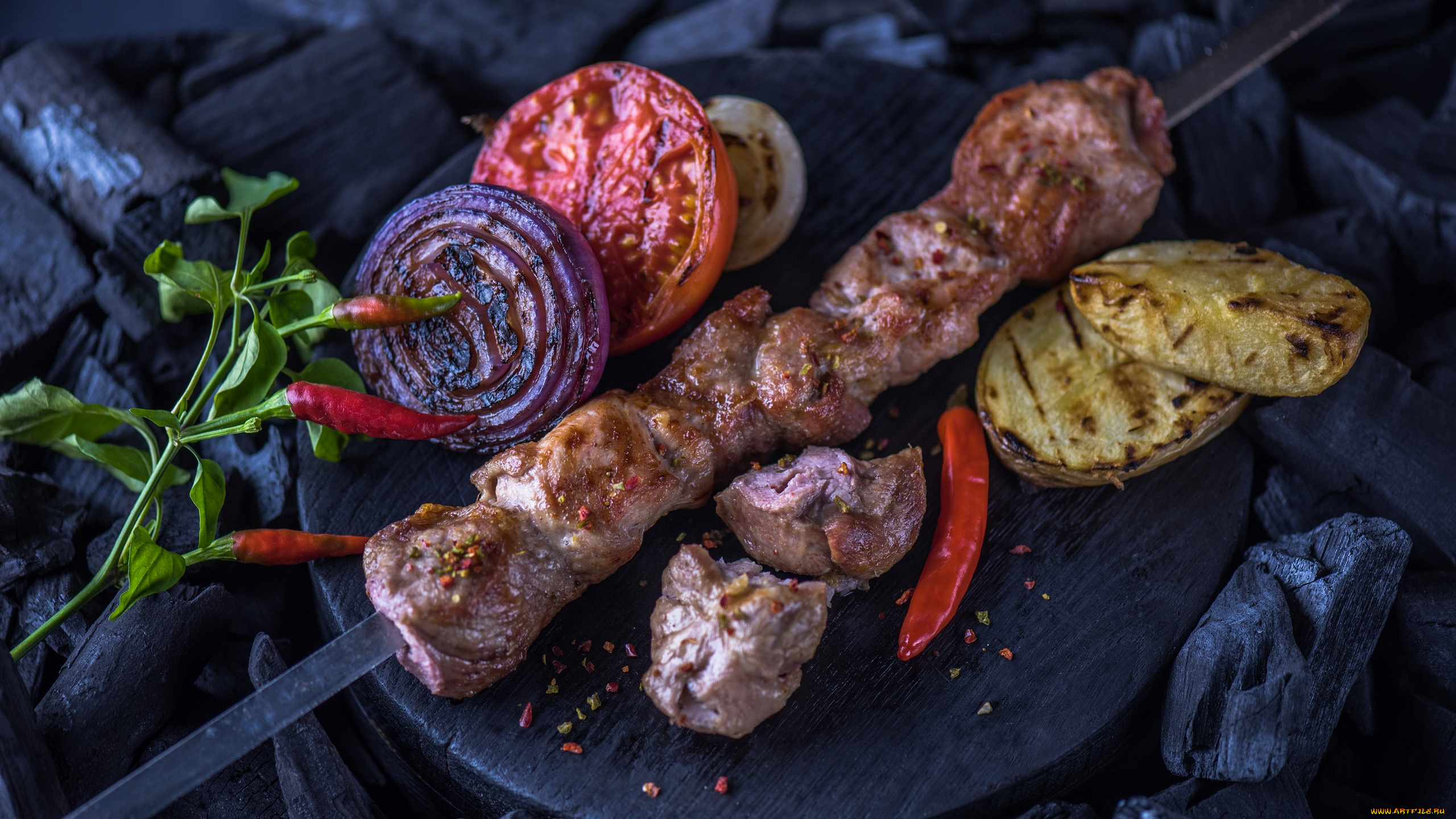 еда, шашлык, , барбекю, из, свинины, помидор, перец, лук